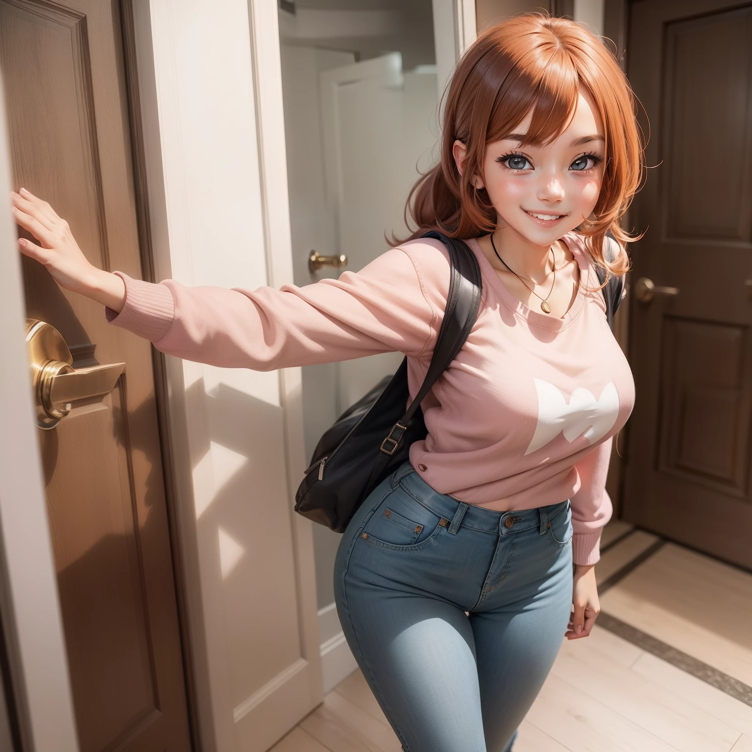 anime girl with a joyful smile and confident stance, standing in the doorway, direct eye contact with the camera, girlfriend, wearing a stylish and comfortable casual outfit