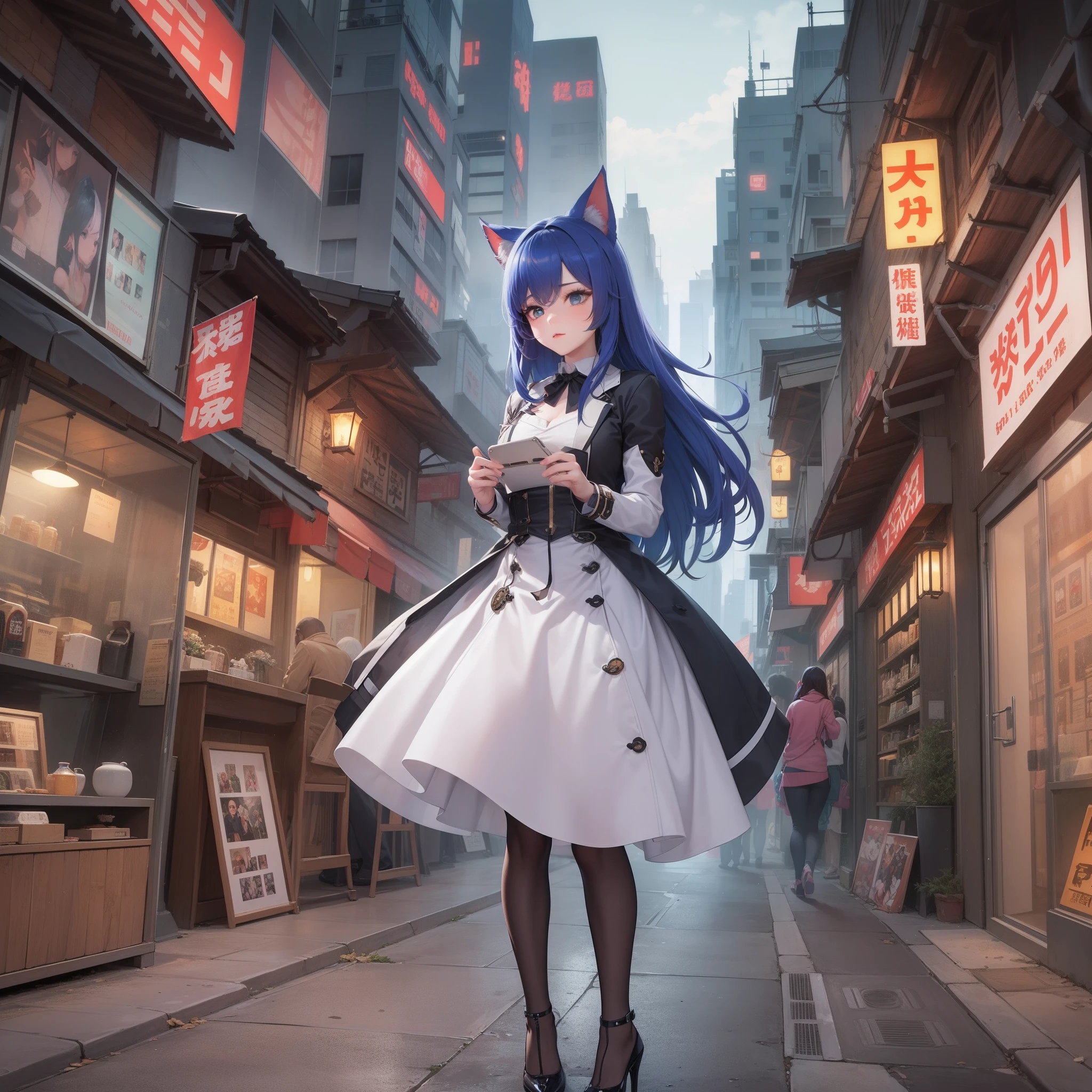 (the original god,Cartoon,kawaii),Kizi,blueneyes,(cabelos preto e longos:1.2),(Best clarity+fluency:1.3+number art:1.2),Zhongli,(steampunc+cartoonish style:1.2),(ahri+kawaii:1.2),ground level shot,Bustling street,(sportrait+pets:0.8)Short white dress，Beth，high-heels，exteriors，nighttime scene，