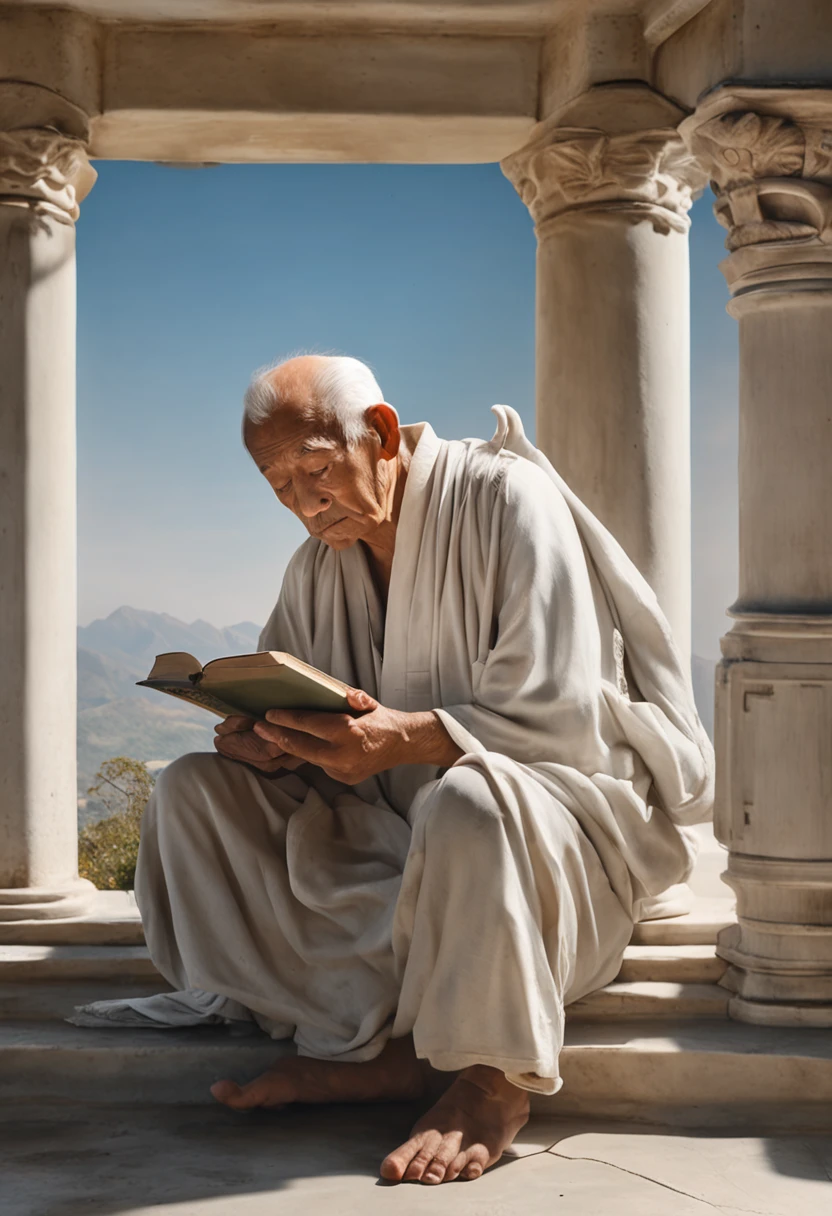 "A hyper-realistic oil painting of an elderly Japanese man wearing a white toga, sitting quietly on an antique white marble balcony. Ao fundo, a mountainous landscape under a clear blue sky. O homem tem uma barba grisalha longa com coque na nuca e olhar sereno, with an open book in his lap and a feather in his hand. Ao seu lado, a clay container with water and some vine leaves. The afternoon sunlight illuminates your face in concentration, enquanto ele escreve calmamente em seu livro. A imagem transmite sabedoria, Simplicity and Stoic Resignation. Painted with realistic oil details, Focus on the features of the face, tecidos e objektos ao lado. 1024 x 576 pixel resolution, ideal para uso como banner do Youtube."