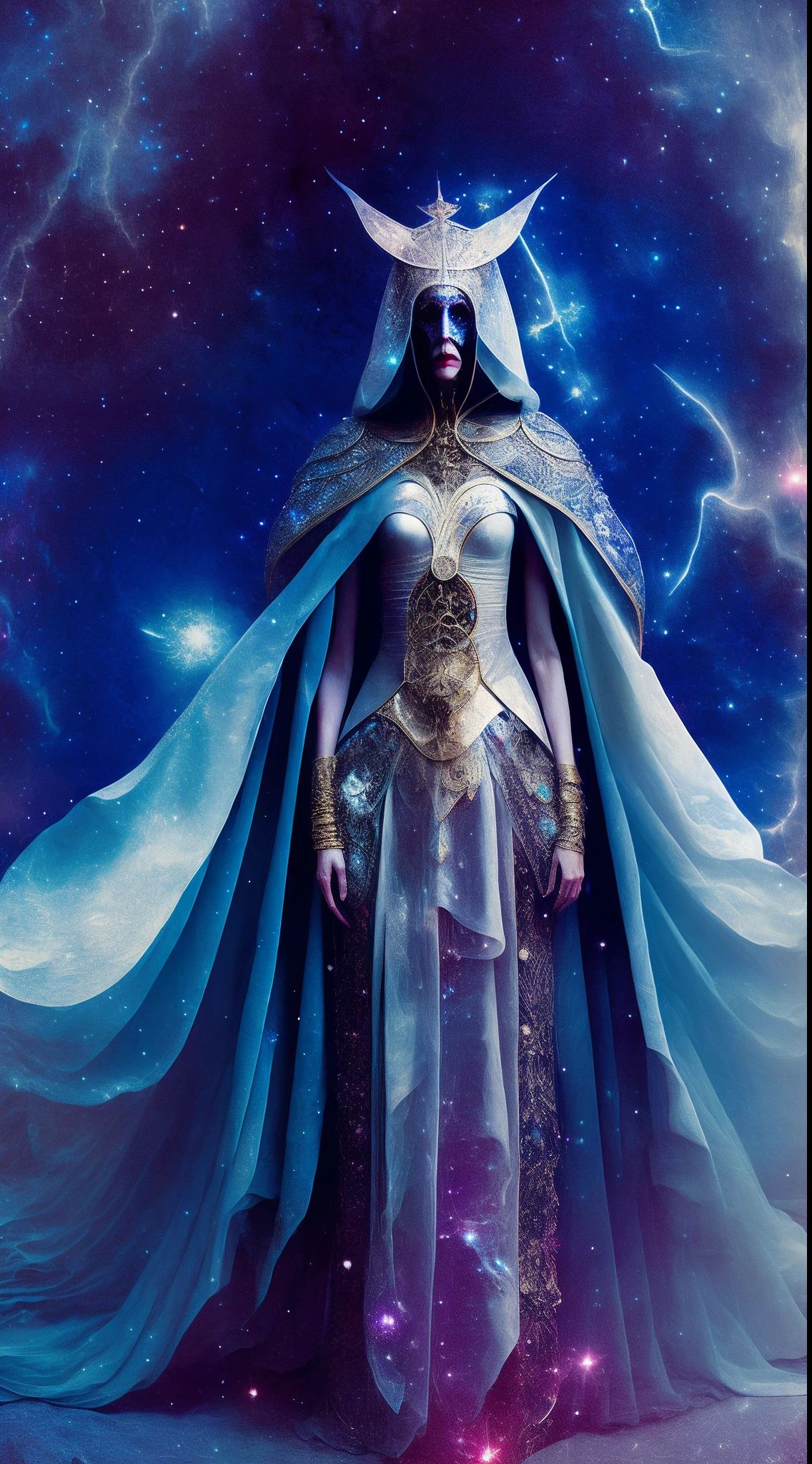 a full shot of a stern ancient goddess in the storm at night, draped in cloak of stars, [[Sophia Anne Caruso]], [Zendaya], translucent ivory masquerade mask of horror, unsettling, weird, creepy, cinematic lighting, (by (Daniel Mernagh) (Carne Griffiths) Monika Nowak), highly detailed, detailed face, ethereal, alien, cinematic movie still