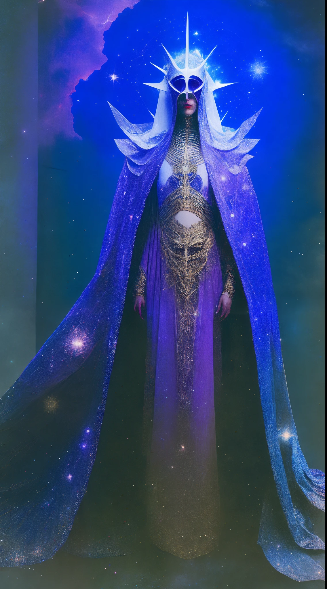 a full shot of a stern ancient goddess in the storm at night, draped in cloak of stars, [[Sophia Anne Caruso]], [Zendaya], translucent ivory masquerade mask of horror, unsettling, weird, creepy, cinematic lighting, (by (Daniel Mernagh) (Carne Griffiths) Monika Nowak), highly detailed, detailed face, ethereal, alien, cinematic movie still