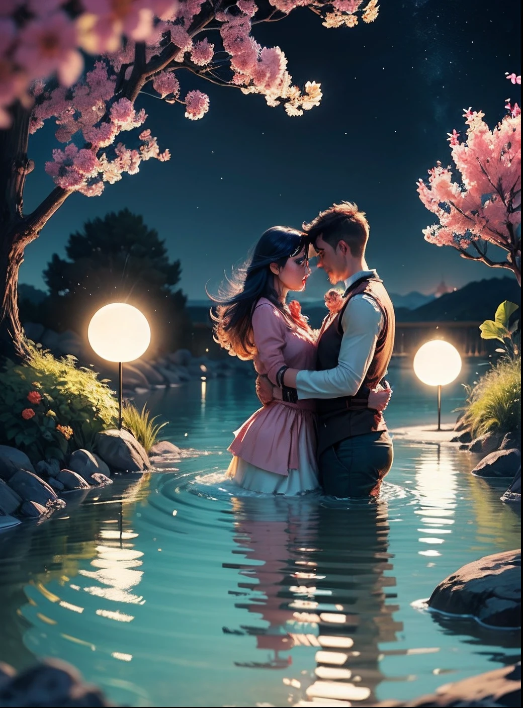 Um casal de namorados  . There, discovered a lake of crystal clear waters, cercado por flores luminosas que emitiam um aroma doce e reconfortante. As borboletas voavam ao redor, Creating a spectacle of color and movement. Illustration of "feliz" em um jardim de flores. Ceu azul de nuvens cuidando do jardim com muitas borboletas. beautiful illustration, bela pintura, bela arte UHD 4k, (borboletas). (melhor qualidade, obra-prima), feliz, Particle, vento, flor, corpo completo, fundo jardim, olhando para as borboletas. --auto