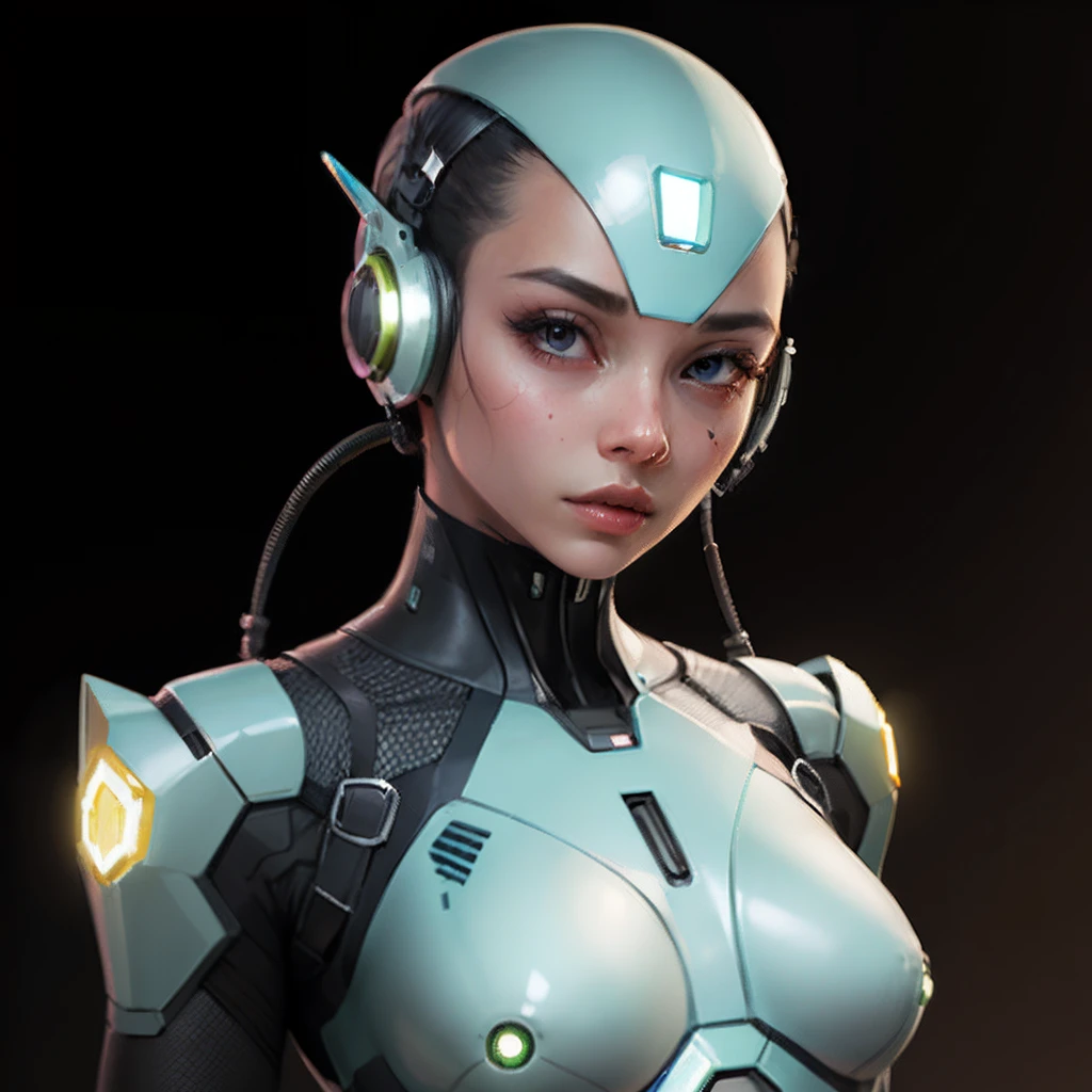 Clothed translucent android woman with modest features and clothing