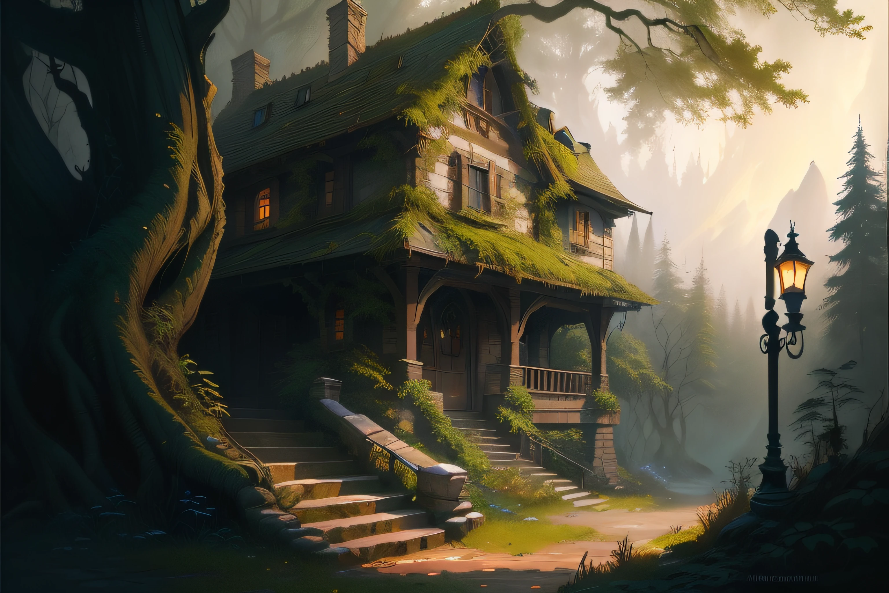 painting of a house in the woods with a lamp post, andreas rocha style, fantasy house, 4k fantasy art, the style of andreas rocha, painted by andreas rocha, andreas rocha and john howe, fantasy art behance, unreal engine fantasy art, detailed digital 2d fantasy art, medieval fantasy game art, realistic fantasy illustration, fantasy style art