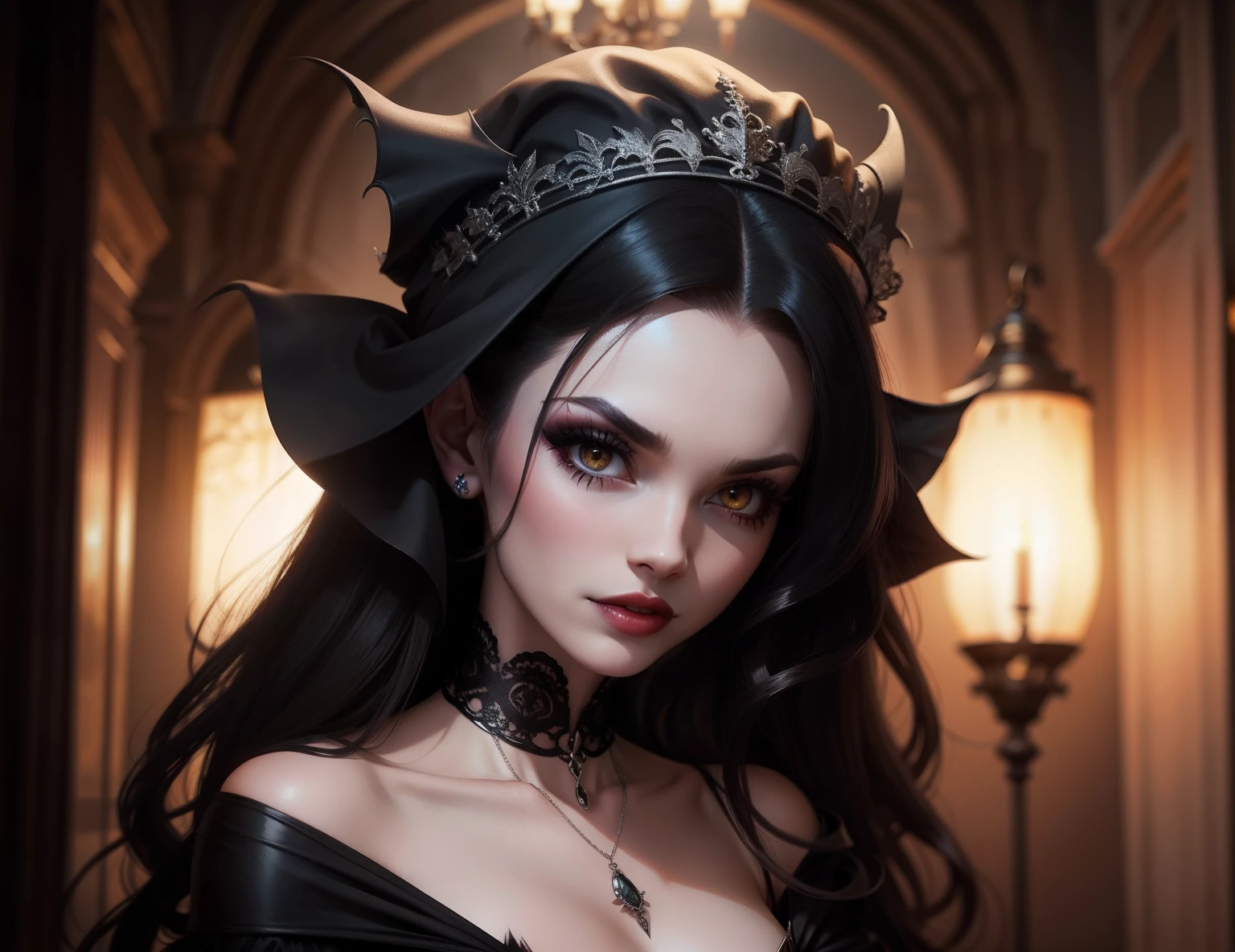 "Masterpiece, high quality, ultra detailed in 4k, 8k, high resolution, hyper-realistic photo, hyper-detailed, realistic skin texture, amazing shadows, highly detailed background, extremely detailed texture, perfect lighting" a woman (Queen) wearing an elegant Black Dress, dark long hair, outlined face, a moonlit night, full moon,
