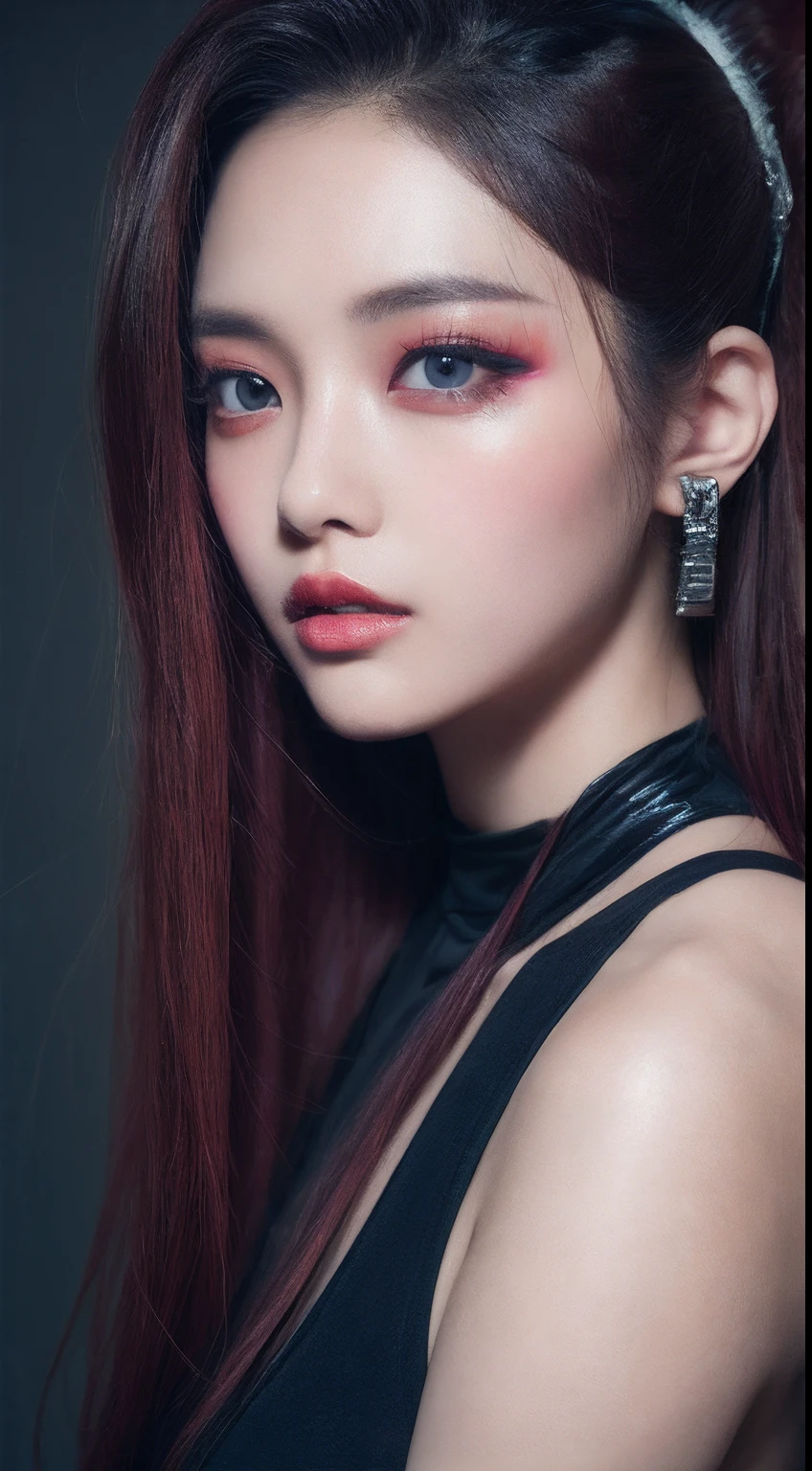 one Taiwan model , hair model, Unique hair details, cyberpunk fashion, Near future , double eyelid, plump lips, professional makeup