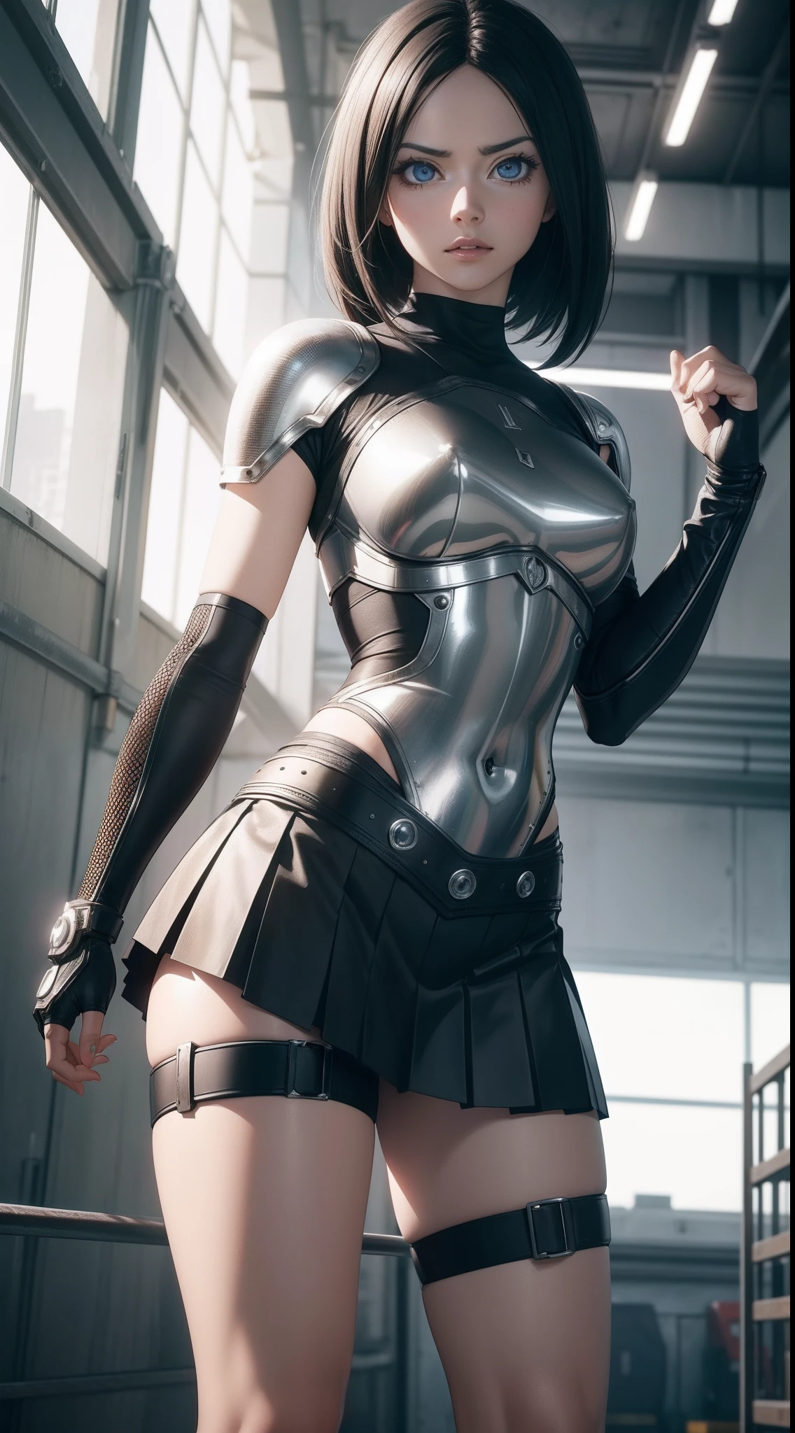 alita fighting angel, metallic body, pleated skirt, photorealistic, hyperrealistic, best quality, high resolution, 8K