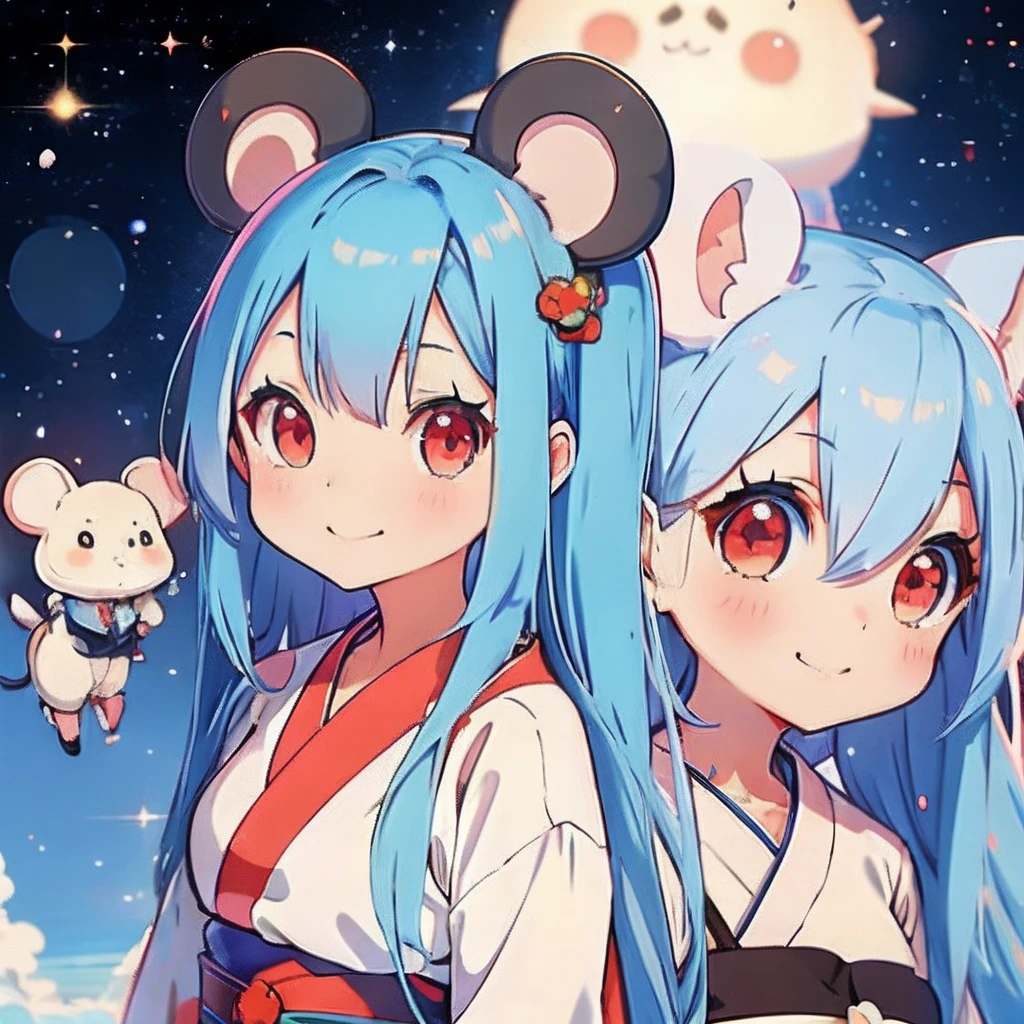 Anime girl with light blue hair, girl with1a person、(personification)、straight haired、Red hair ornament、Anime girl with round ears of a mouse, Anime visuals of cute girls, (Wearing a red kimono)(large ears that are round and white,,,,)(I have a pet rat next to me)portlate、Outer space background、(A big smile)
