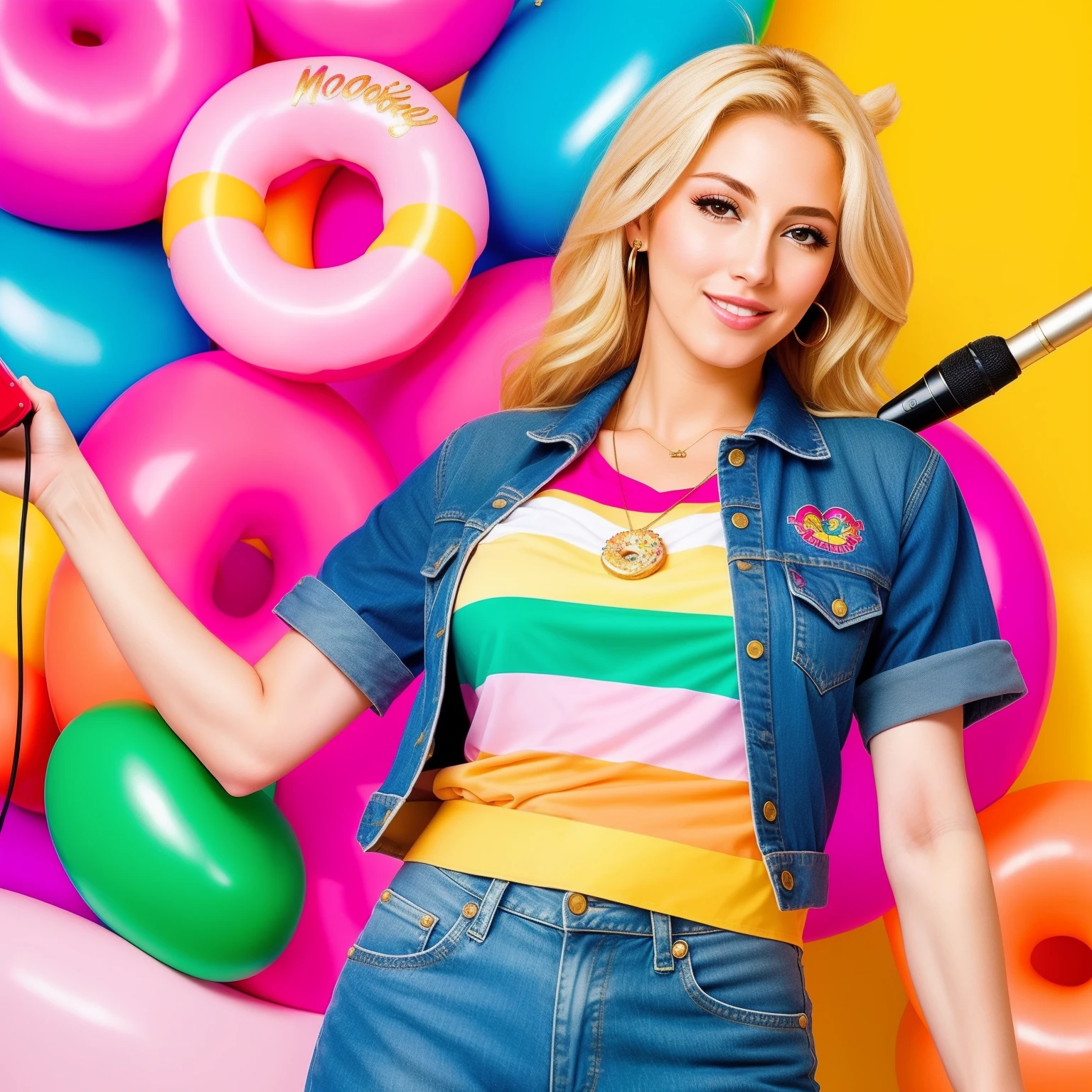 "(Mature and realistic portrayal:1.2) Sailor Moon exuding confidence as she holds a microphone, her blonde hair cascading down, adorned in stylish rainbow denim clothes from the 2000s, with a backdrop filled with donuts."