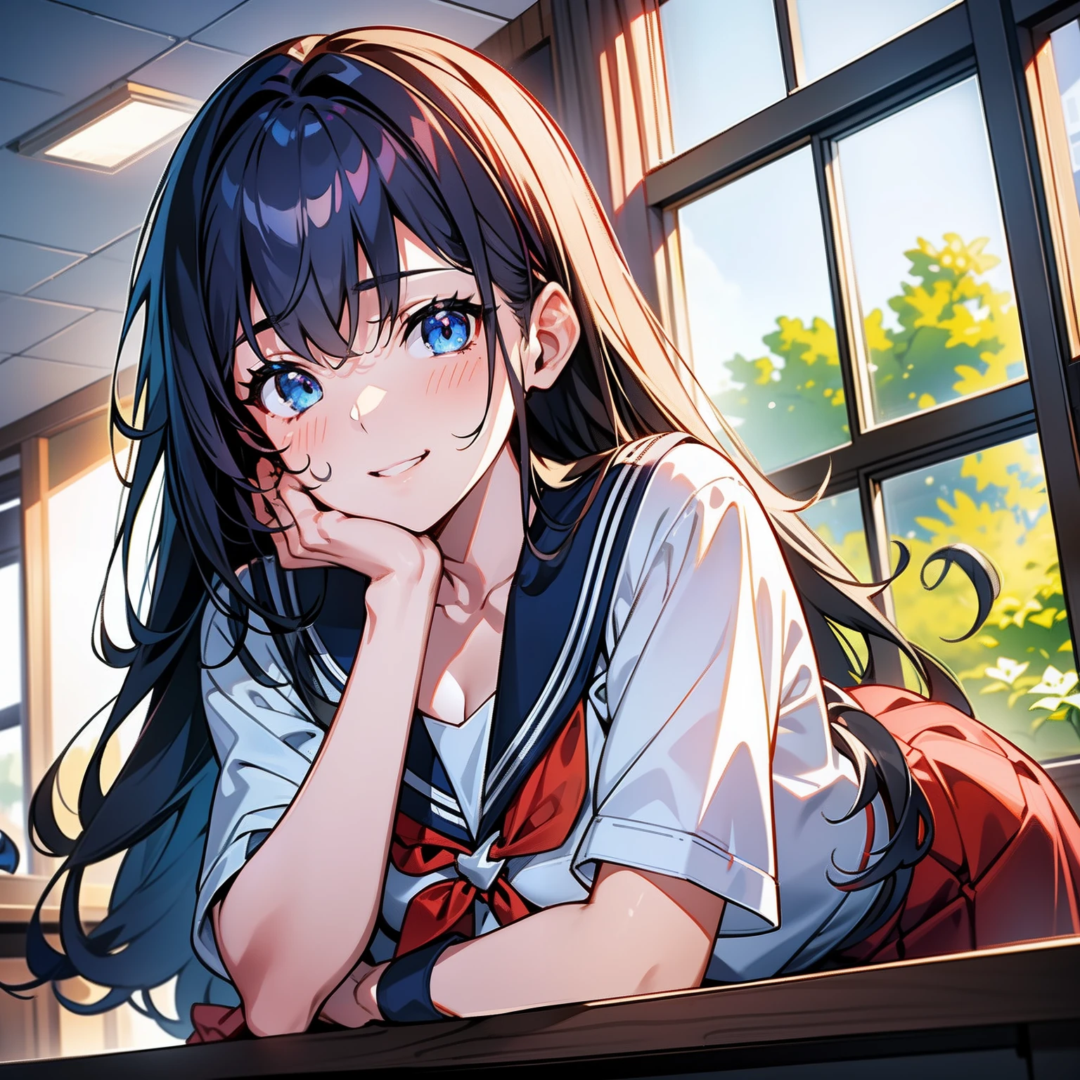 Blue-orange curls are curved inward，It belongs to long-haired，There is a strong sense of freshness and freshness,girl with,((serafuku)), hands on one's face, Elbows on the desk, Sit up, ‎Classroom, sunlights, window, see the beholder, Toothy smile, I can see the cleavage:1.2, Best Quality,Ultra-detailed, High resolution, extremely details CG, Unity 8k壁纸, Official art, production art, novel illustration, by famous artist, Caustics, textile shading, super detailed skin, Perfect Anatomy, Detailed, Cinematic lighting, Dynamic lighting, Beautiful detailed eyes, (top-quality), (ultra-detailliert), (masuter piece), (hight resolution), (Original), Character Design, Game CG, Detailed Manga Illustration, Realistic head-to-body size ratio:1.2