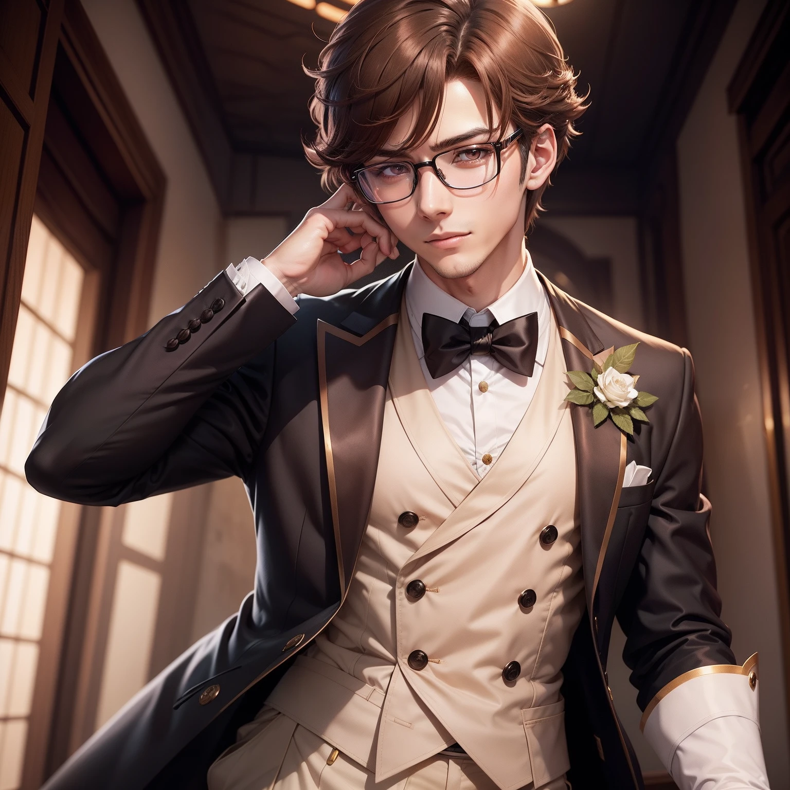 "Handsome anime butler boy with glasses and brown hair from Genshin Impact, portrayed in a solo artwork."