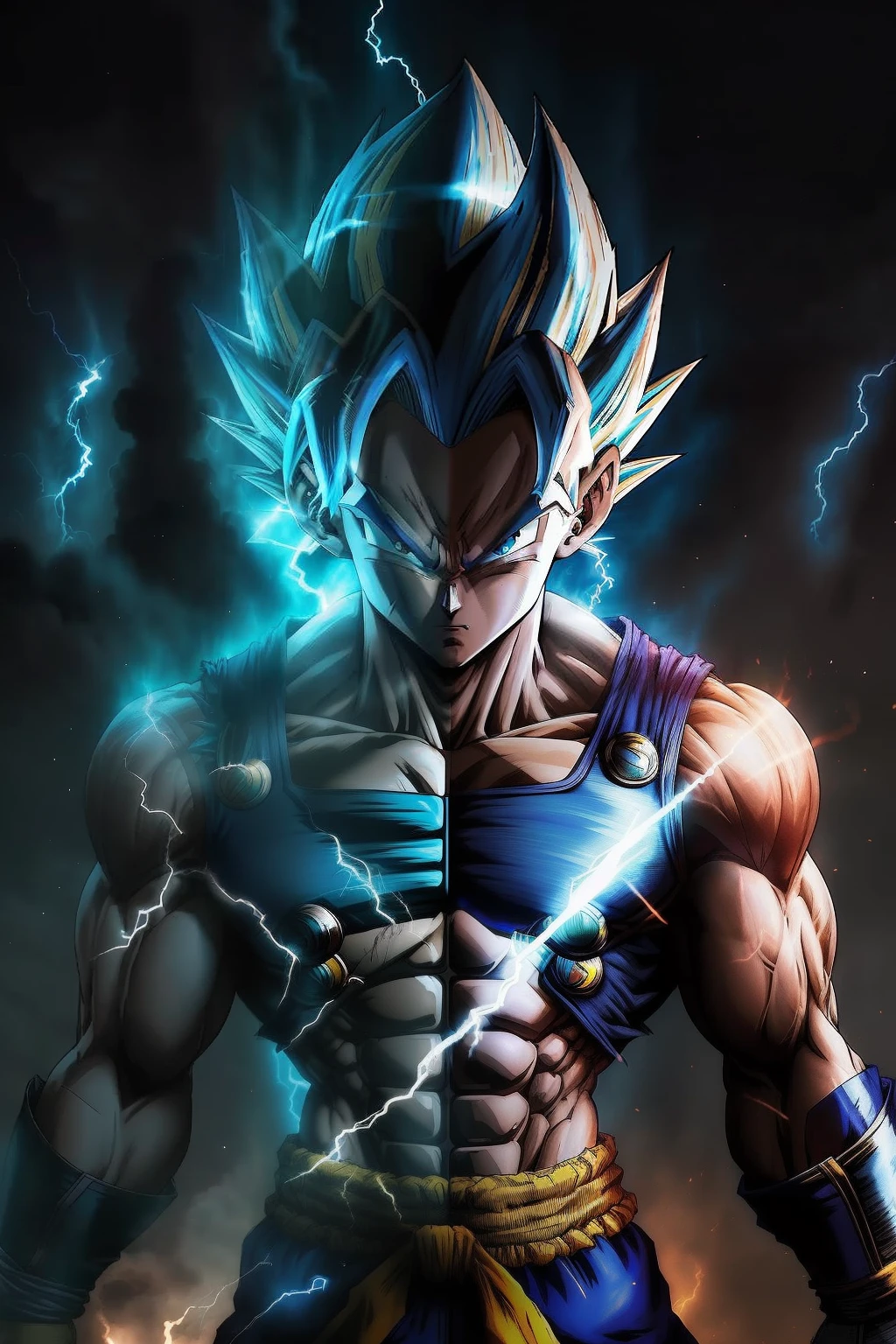 "A detailed drawing of Son Goku intensely training his biceps in a bodybuilding gym, com um cabelo prateado brilhante e pele prateada polida, surrounded by a fiery blue energetic ray, Aura Ace."