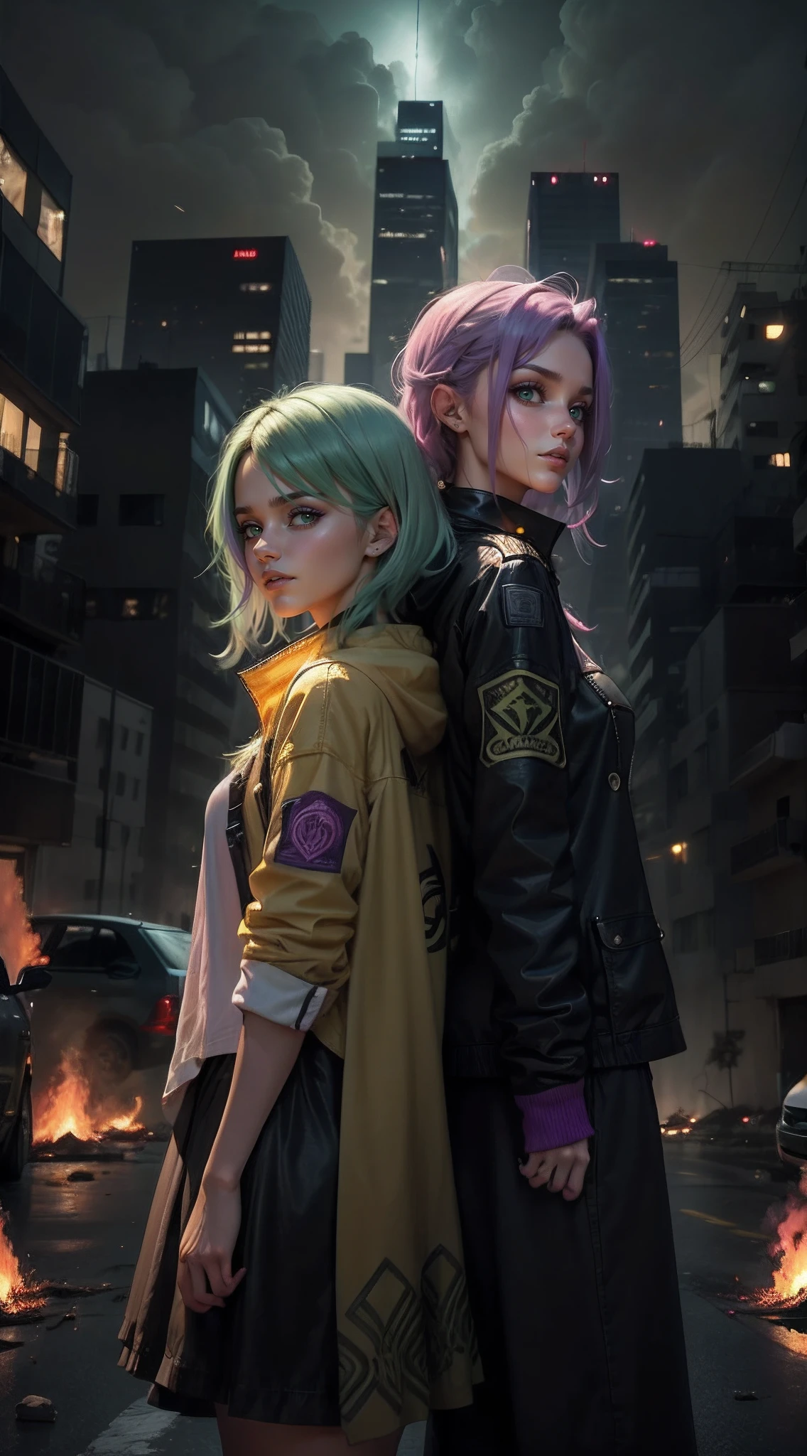 melhor qualidade, realista. 2 MULHERES, a girl with lilac hair/roxo. A outra garota tem cabelos verdes/verde. They are in the middle of a burning city, it is night time