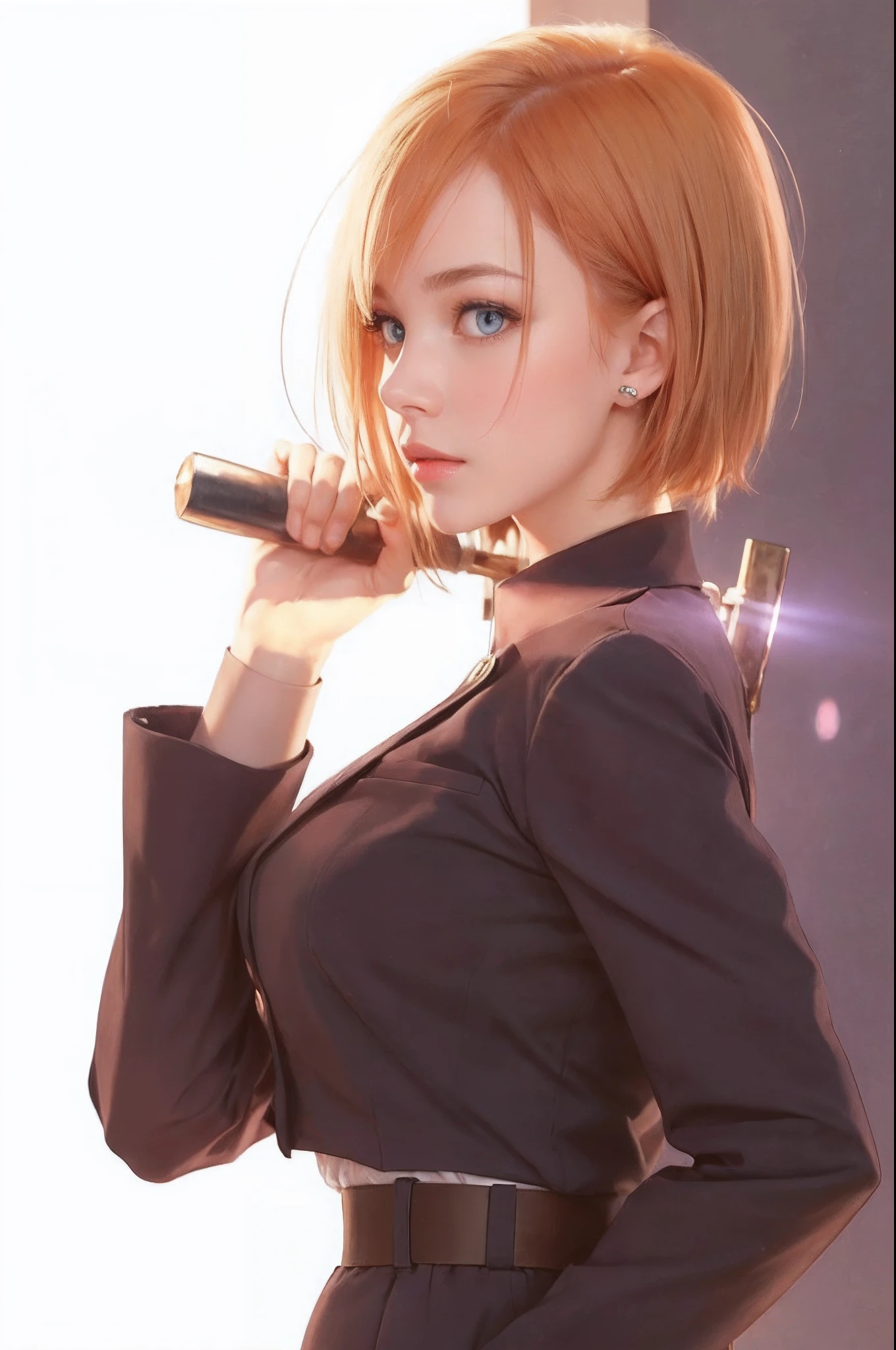 1girl, 8k potrait of beautiful girl with orange hair, hand bring a hammer, hammer on his shoulders , intricate, elegant, realistic photography, light background (masterpiece, sidelighting, finely detailed beautiful eyes: 1.2), short hair, realistic hair, beautiful eyes, realistic human face, realistic human photography, ultra detailed illustration, extremely detailed face, RAW photo, super cute girl, navy suits, skin pores, bokeh, super cute girl, best collor balance, beautiful particle, lots of hair