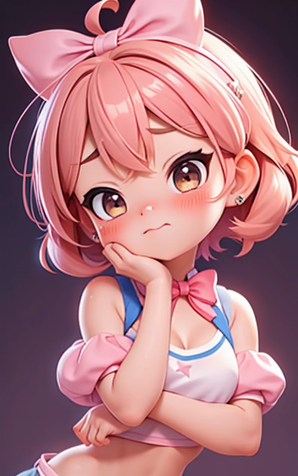 pixar, 1girl, cat, pink hair, brown eyes, star hair ornament, hair ornament, blush, bow, star (symbol), looking at viewer, ahoge, closed mouth, hair bow, animal, crop top, head rest, short hair, solo, bangs, child, pink bow, female child, thick eyebrows, white shirt, hands on own face, upper body, sexy pose