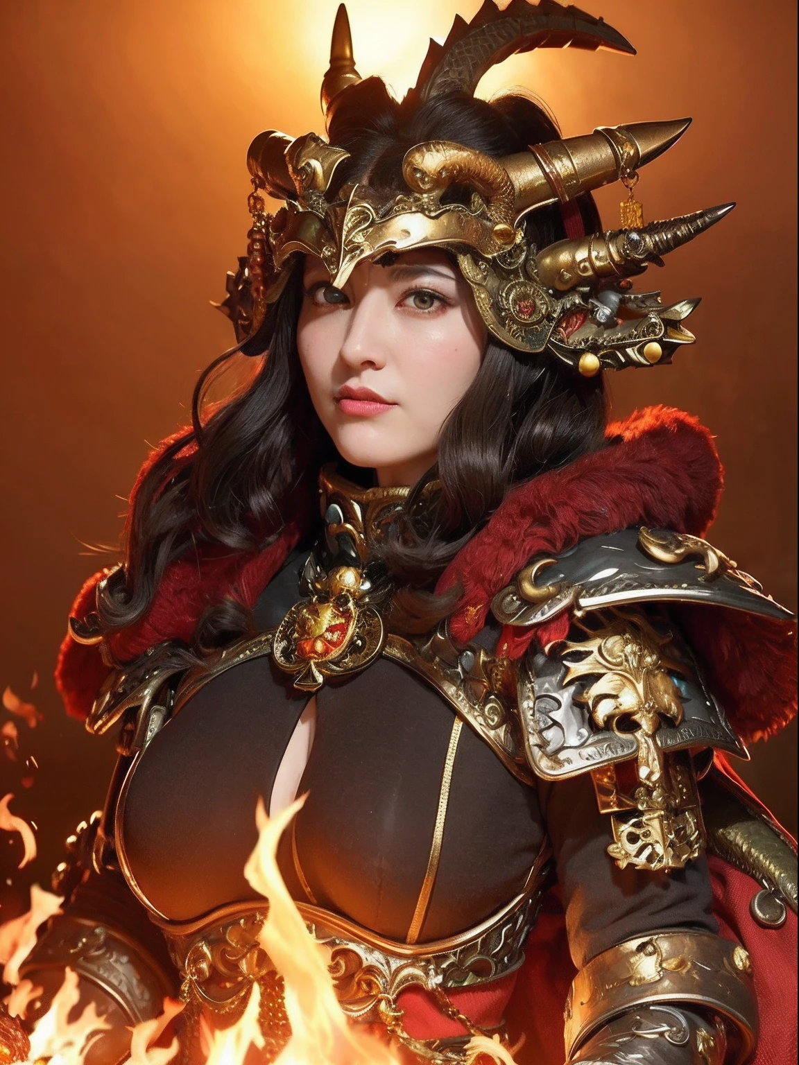 Professional , ​masterpiece、top-quality、photos realistic , depth of fields （Gemstone Black Metal Body:1.９),(Enamel Black、（cleavage of the breast）、（Chinese Dragon）、Mystical expression、Dragon Gold Weapon（Dragon Metal Body:1.４),Gorgeous gold weapons ,（（ Dragon's dense and gorgeous sword）） ,  、blood splashing、Mystical expression、  ,warhammer 40k , adepta sororitas,Detail and gorgeous crown、（（Brown hair））、（The dragon）、（Castle background）、The dragon、（（Gangle's forest background））、Beautiful Caucasian beauty、（１a person）、dynamic ungle,(((Detailed and ornate dragon helmet)))、Smaller head、A smile、Castle background、Thin and beautiful female hands、cleavage of the breast、Mystical expression、Light Effects、Wind-effect、magic circles、With the legendary magic wand、（demonic wings）、Toostock、