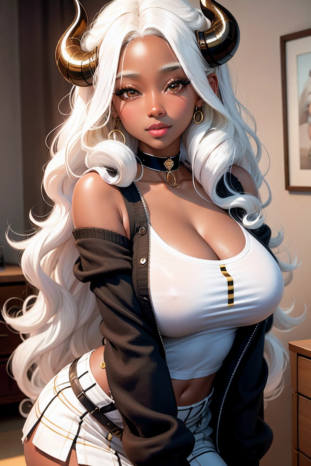 1girl, (best quality:1.1), (masterpiece:1.4), (absurdres:1.0), portrait, 1girl, (voluminous hair)+ , ((curly hair))++, long hair, ((dark skin))++, (((white hair))), (gold eyes), long hair, large breasts, (blush:1.2), smile, (big lips)+, (juicy lips)+, (blush), vibrant colors, eyeliner, lipgloss, blush, sidelocks, (black horns), shiny skin, black choker, white shirt, brown cardigan, sleeves past fingers, plaid skirt