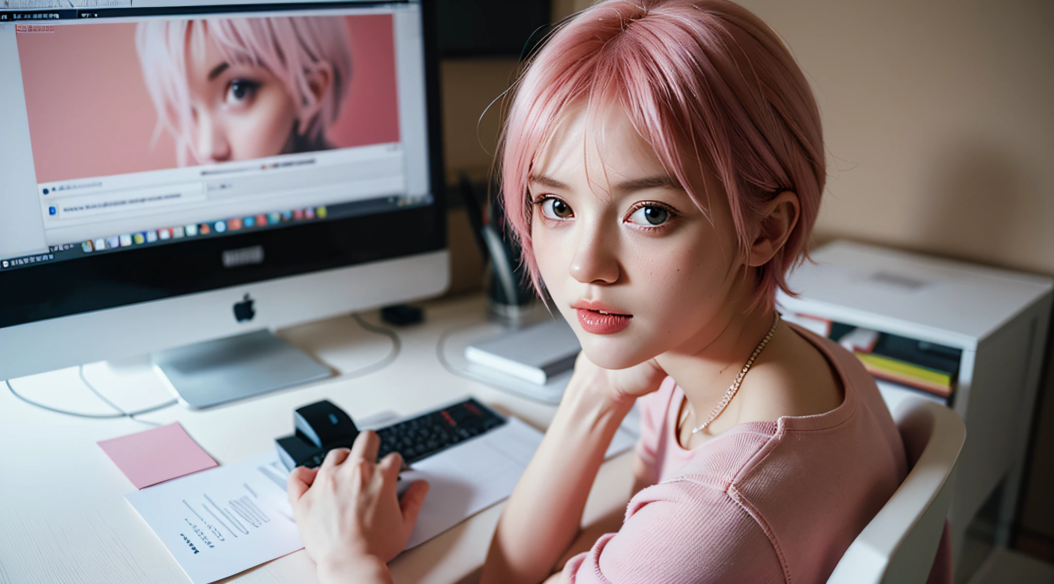 there is a woman sitting at a desk with a computer and papers, cute girl with short pink hair, jovana rikalo, full subject shown in photo, professional image, creative coder with a computer, medium portrait, wide portrait, young business woman, color portrait, with pink hair, high quality portrait, illustrator, aleksandra waliszewska