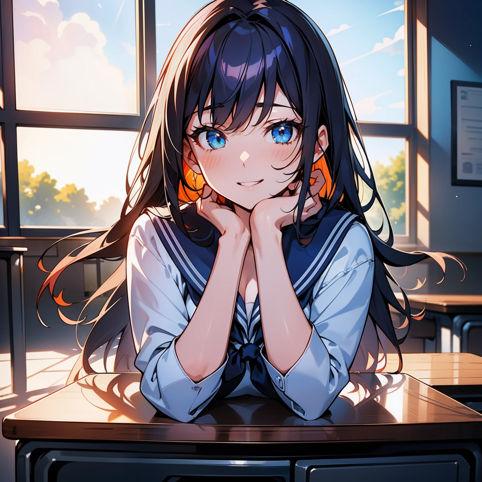 Blue-orange curls are curved inward，It belongs to long-haired，There is a strong sense of freshness and freshness,girl with,((serafuku)), hands on one's face, Elbows on the desk, Sit up, ‎Classroom, sunlights, window, see the beholder, Toothy smile, I can see the cleavage:1.2, Best Quality,Ultra-detailed, High resolution, extremely details CG, Unity 8k壁纸, Official art, production art, novel illustration, by famous artist, Caustics, textile shading, super detailed skin, Perfect Anatomy, Detailed, Cinematic lighting, Dynamic lighting, Beautiful detailed eyes, (top-quality), (ultra-detailliert), (masuter piece), (hight resolution), (Original), Character Design, Game CG, Detailed Manga Illustration, Realistic head-to-body size ratio:1.2