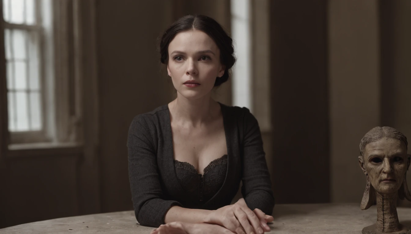 a seance, haunting, ultra realistisc, highly detailed, in a haunted old house, six men and women sitting around a table + one medium holding the senace. She is in trance. Dslr, omnius, movie scene directed by David Lynch, (8K,RAW photos,best qualtiy,tmasterpiece:1.2, (Realistic:1.3) most beautiful artwork photo in the world