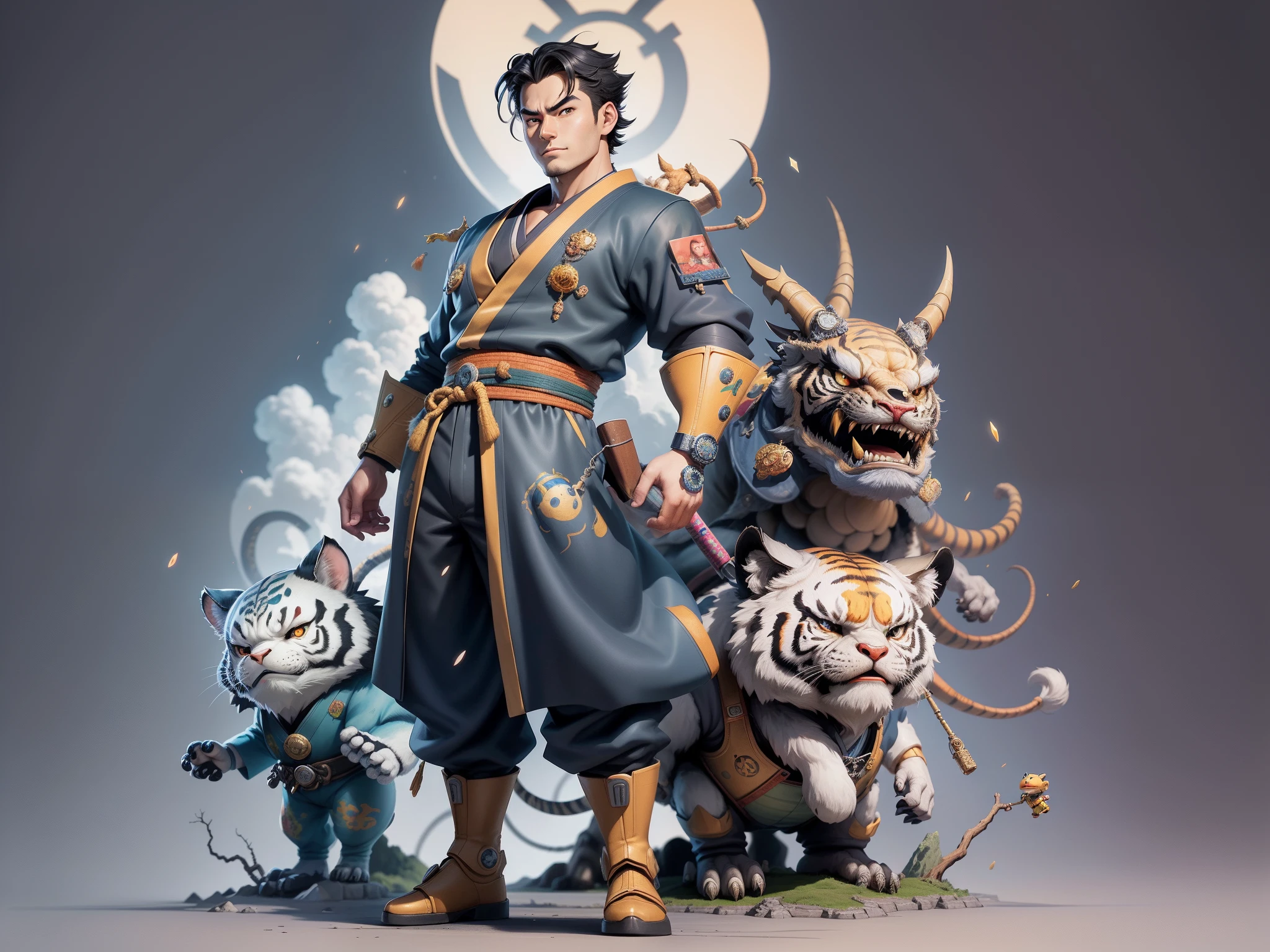 (Masterpiece), (Excellent), (Super Meticulous), (Full Body: 1.2), Super Young Man, Oriental Face, Japanese Kimono, Japanese Wind Thunder God, Dragon, Tiger, TV Anchor, Bust Portrait Illustration, Alone, Black Suit, Blue Tie, Slightly Chubby Face, Very Clean Face, No Beard, Black Super Short Hair, Black Eyes, Confident Smile, 3c Computer Sub-Products, iPad, iPhone, Digital Painting, 3D Character Design by Akira Toriyama and Mark Claireden and Pixar and Hayao Miyazaki, The illustration is a high-definition illustration in 4K resolution with very detailed facial features and cartoon-style visuals.