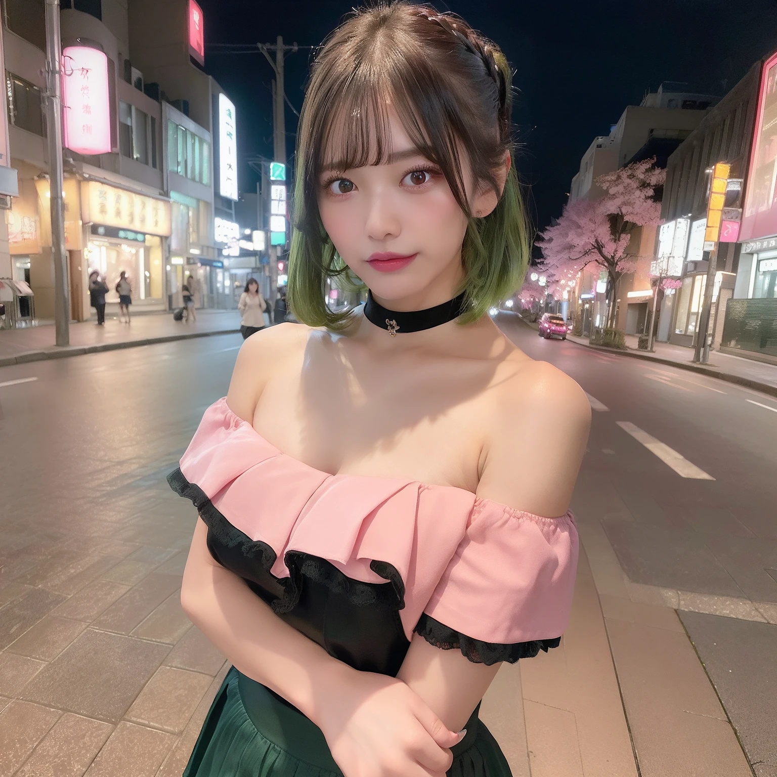 (8k、RAW Photos、top-quality、masterpiece、best quality , ( photorealistic : 1.4 )、japanes, 1 girl、25-years old、female、Street at night、High-key lighting、natural soft light、Radio City、full body、Detailed lips、detailedeyes、medium breasts、Wearing beige coat、Exposed cleavage、exposed shoulder、Thigh exposure、(cammel toe)、perfectbody、shinny skin、Make eye contact with the camera, pink Sakura off shoulder, (ombre hair, short hair, hair black and green ), black choker necklace, smile eyes, naughty face, valley fat,black short gored skirt, short height, tattoo leg, pieace pose, just 1 girl