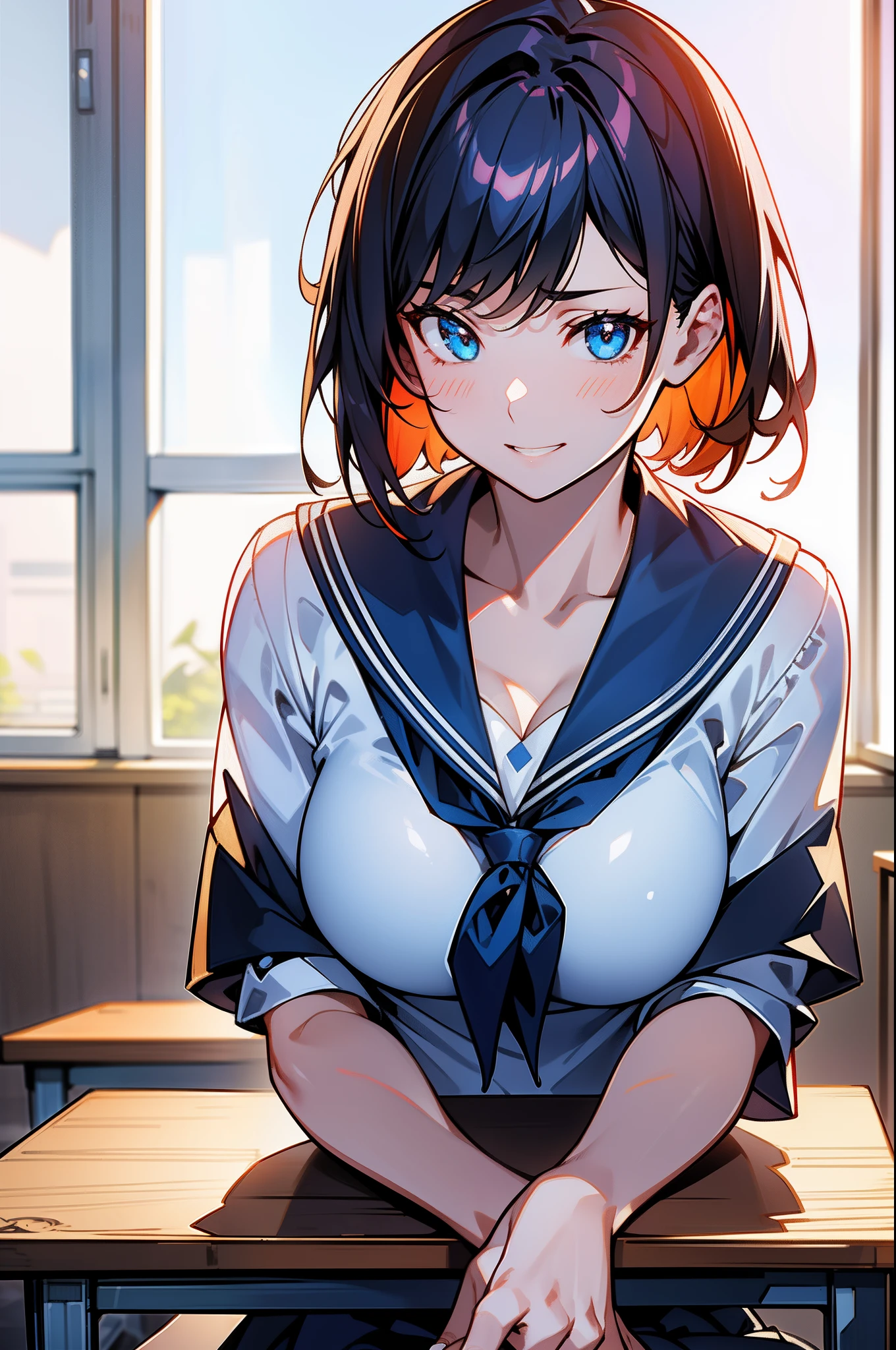 Blue-orange curls are curved inward，It belongs to short-haired，There is a strong sense of freshness and freshness,1girl in,((serafuku)), hands on one's face, Elbows on the desk, Sit up, ‎Classroom, sunlights, window, see the beholder, Toothy smile, I can see the cleavage:1.2, Best Quality,Ultra-detailed, High resolution, extremely details CG, Unity 8k壁纸, Official art, production art, novel illustration, by famous artist, Caustics, textile shading, super detailed skin, Perfect Anatomy, Detailed, Cinematic lighting, Dynamic lighting, Beautiful detailed eyes, (top-quality), (ultra-detailliert), (masuter piece), (hight resolution), (Original), Character Design, Game CG, Detailed Manga Illustration, Realistic head-to-body size ratio:1.2