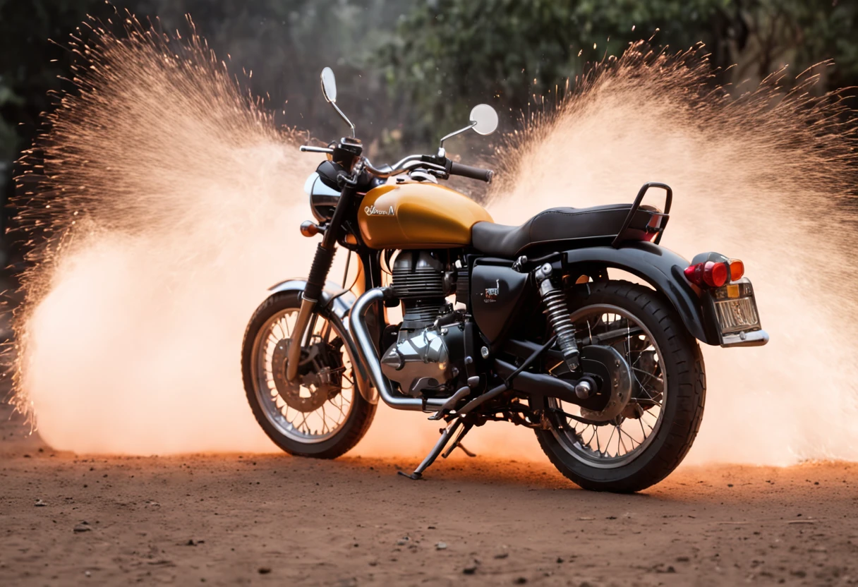 Royal Enfield motorcycle with lightning and energy coming out of the motorcycle, background with floating stones with neon lights, ground broken with stones, lightning, energy, neon lights, ultra-realistic, photorealistic, dust particles, photographed with a Nikon D850 camera with a Nikkor 24 -70mm f/2.8E ED VR Lens