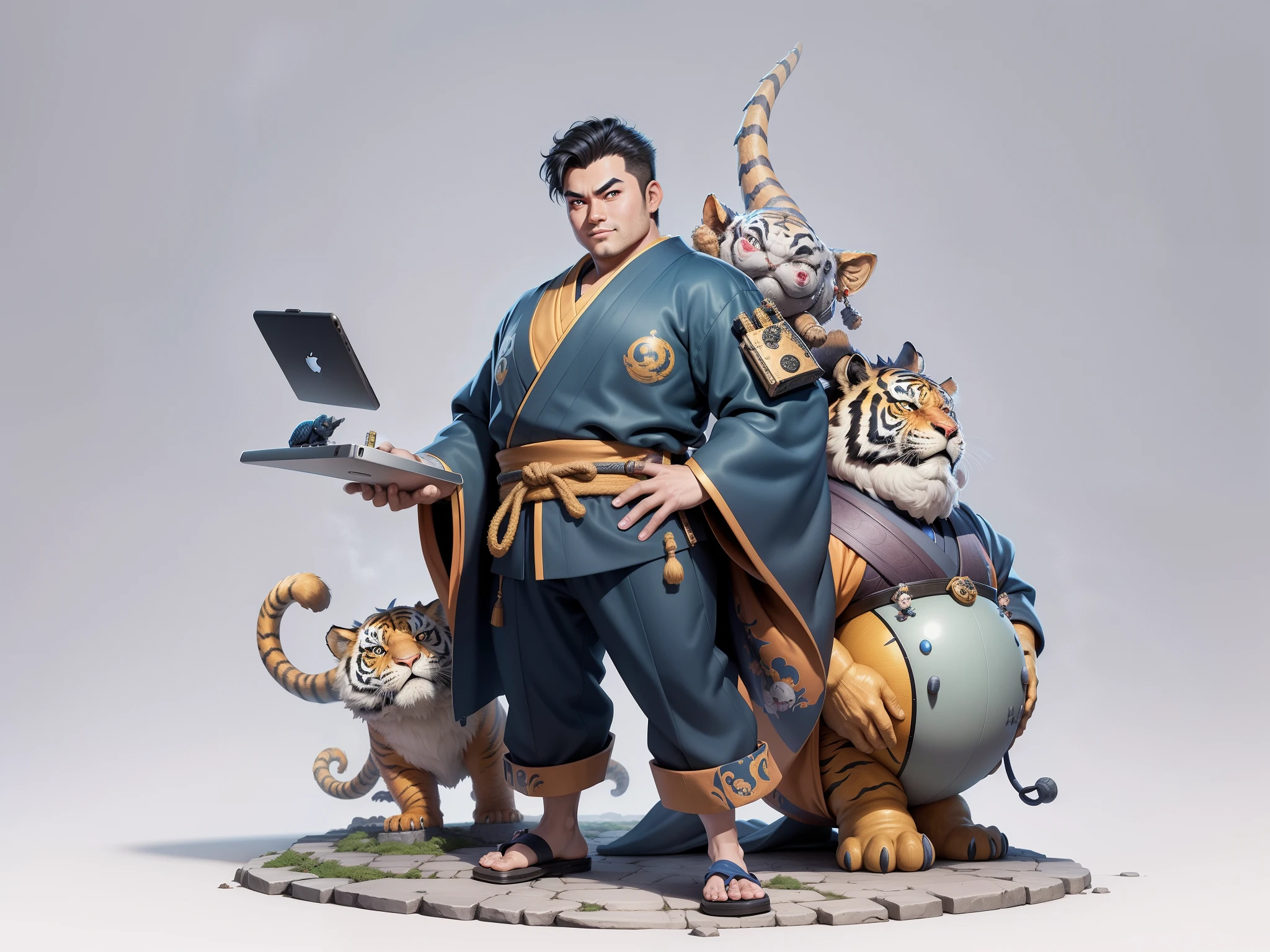 (Masterpiece), (Excellent), (Super Meticulous), (Full Body: 1.2), Super Young Man, Oriental Face, Japanese Kimono, Japanese Wind Thunder God, Dragon, Tiger, TV Anchor, Bust Portrait Illustration, Alone, Black Suit, Blue Tie, Slightly Chubby Face, Very Clean Face, No Beard, Black Super Short Hair, Black Eyes, Confident Smile, 3c Computer Sub-Products, iPad, iPhone, Digital Painting, 3D Character Design by Akira Toriyama and Mark Claireden and Pixar and Hayao Miyazaki, The illustration is a high-definition illustration in 4K resolution with very detailed facial features and cartoon-style visuals.