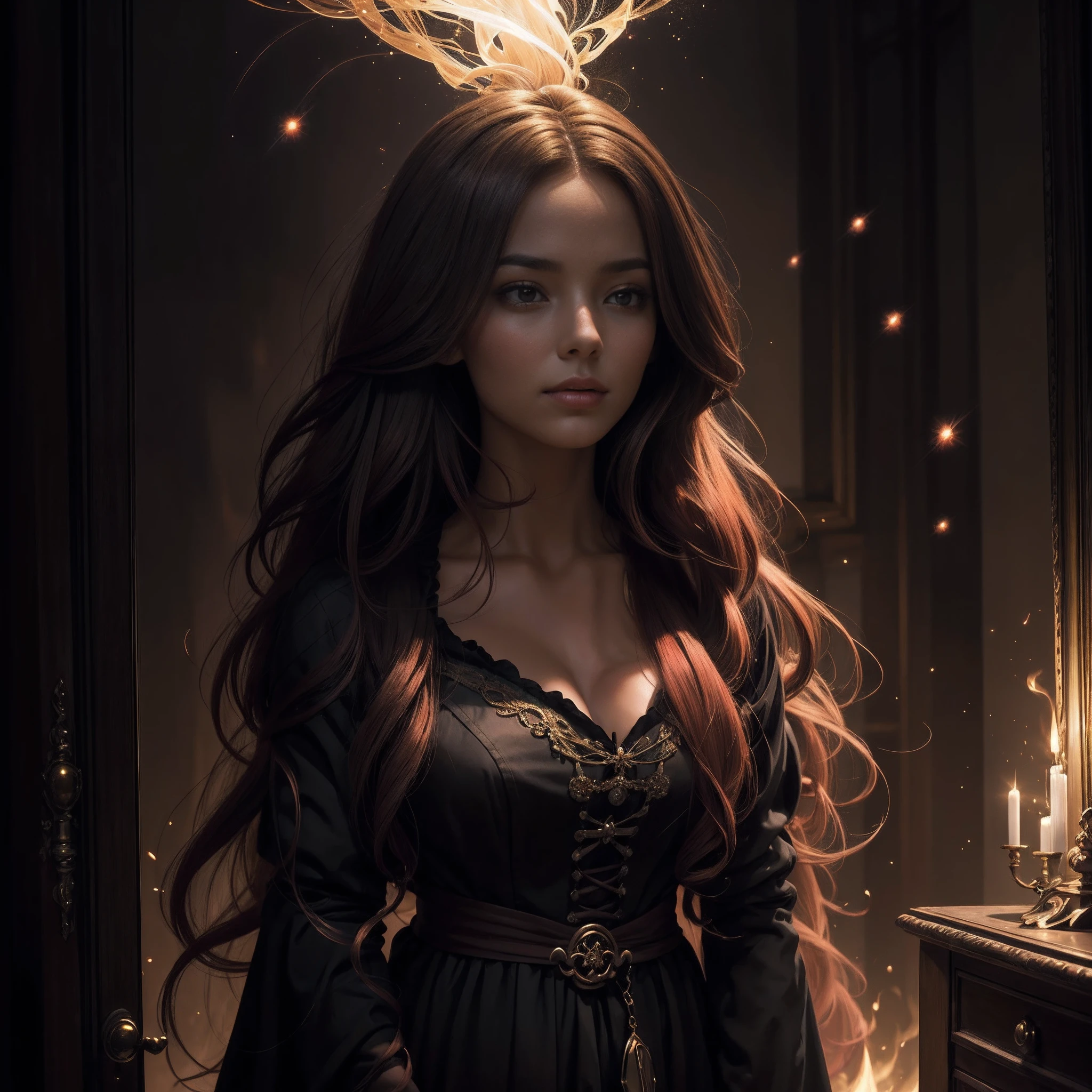 (obra maestra) (La mejor calidad) In a dark room of a strange reddish mist and golden sparks emerges a beautiful and beautiful witch of demonic appearance and great magical powers.. Your hair is being lifted upwards by a mysterious wind.