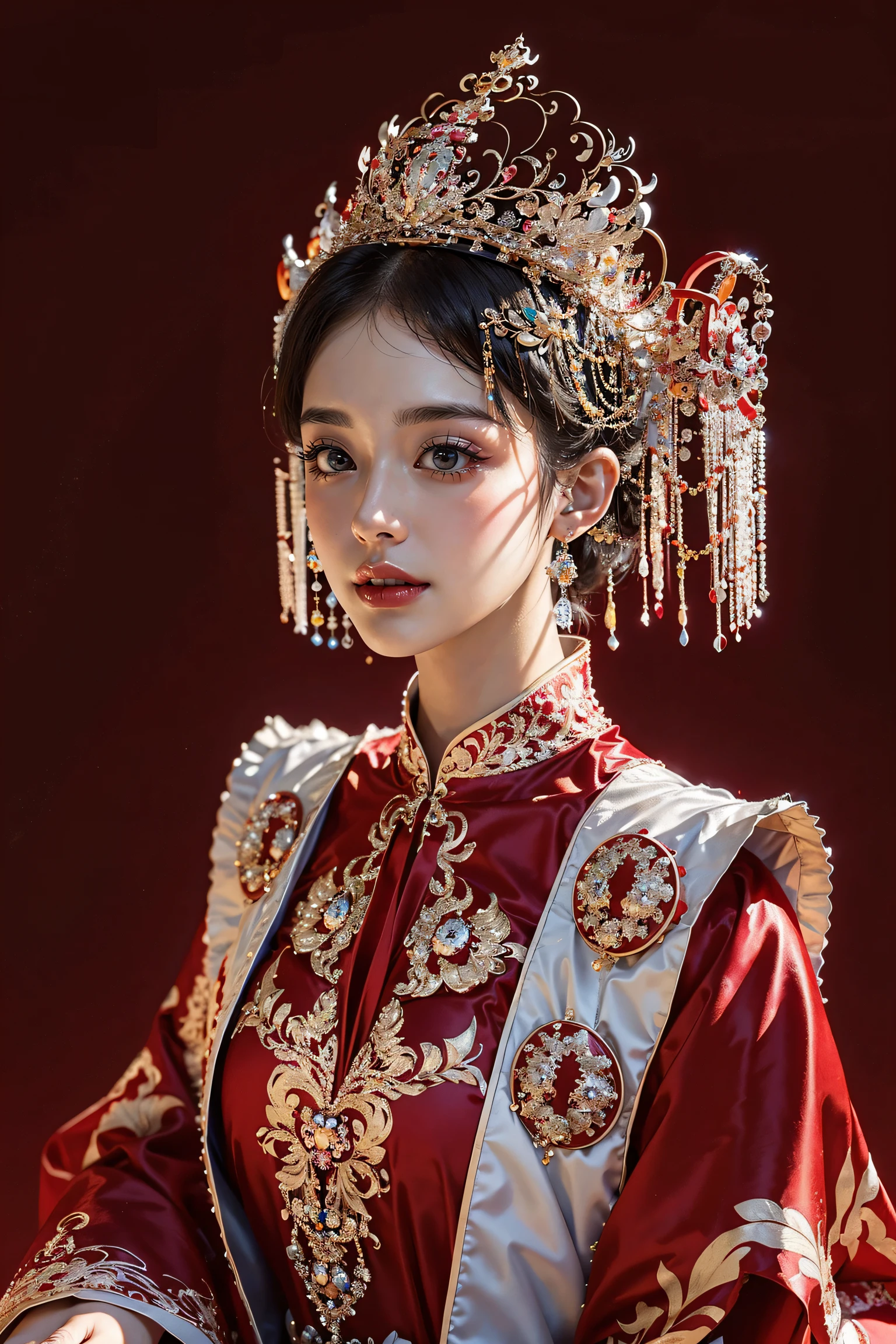 high resolution, Close-up photo of girl wearing tiara in a bun wearing a red and gold dress, ultraclear, Flawless and delicate face, Truly delicate skin, big breasts beautiful, Delicate and clear eyes, Look at the screen, Simple, (simple red background), Best quality, High details, HD, 16k