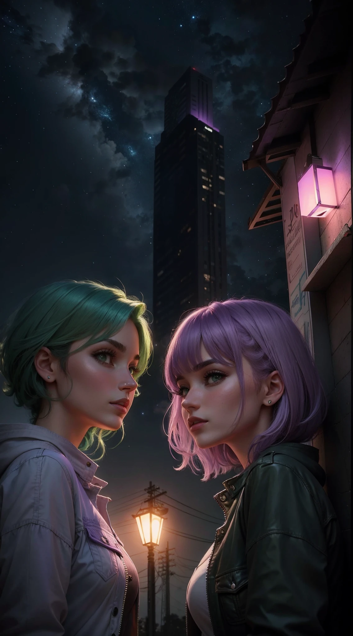 melhor qualidade, realista. 2 mulheres, a girl with lilac hair/roxo. A outra garota tem cabelos verdes/verde. They are in the middle of a burning city, it is night time