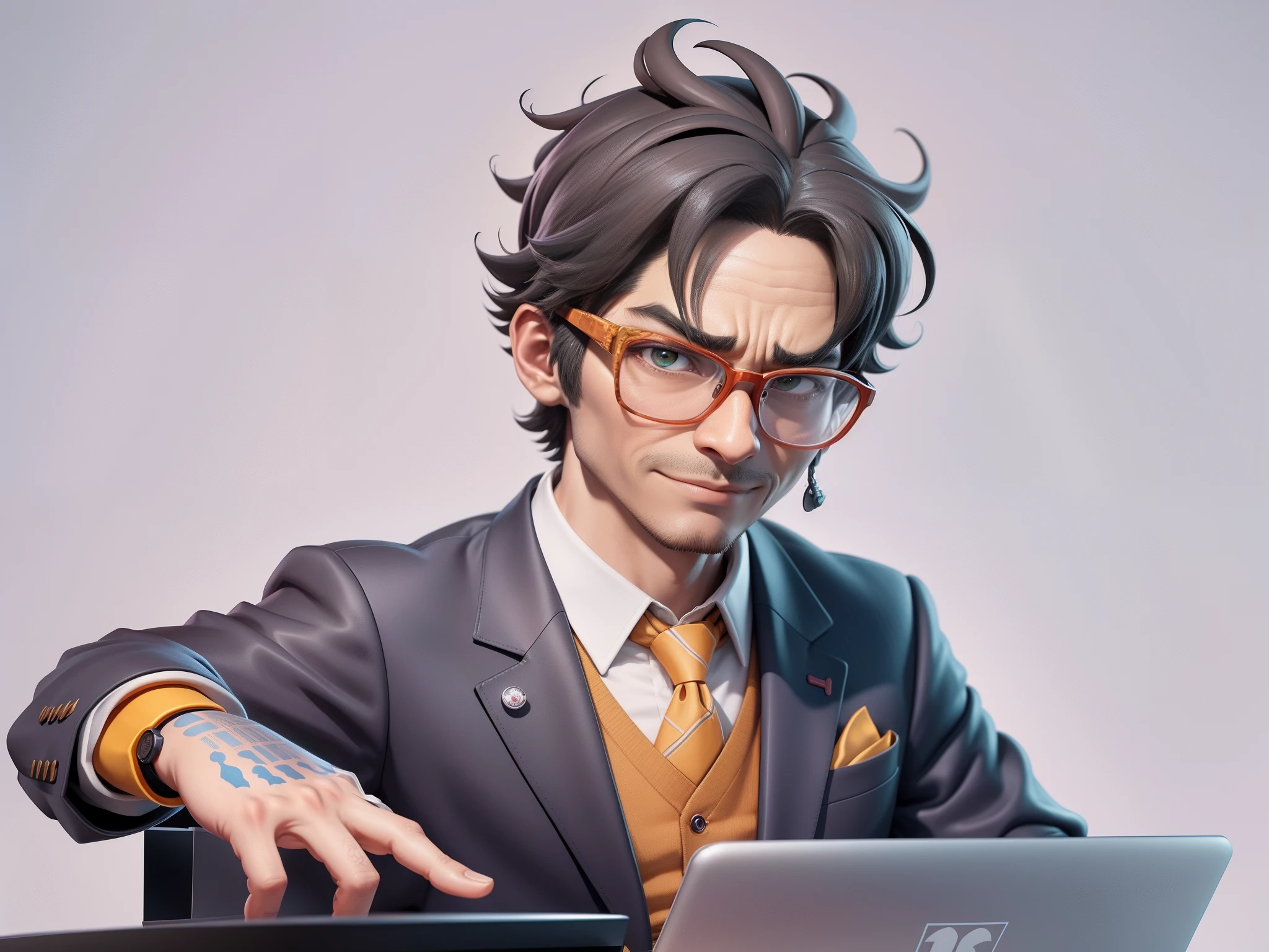 A young man in a suit, Short hair and glasses sat at his desk，holding laptop，digitial painting，tigre，3D character design by Mark Clairen and Pixar and Hayao Miyazaki and Akira Toriyama，4K HD illustration，Very detailed facial features and cartoon-style visuals。