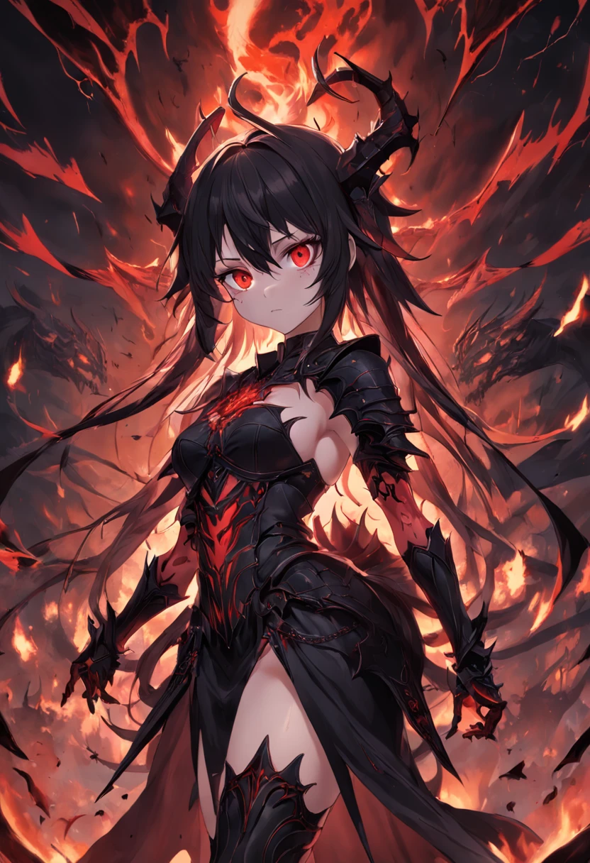 1girl, black armor, skull armor, black cape, red glowing eyes, holding sword, city