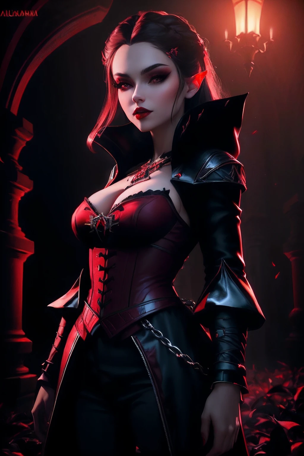 close-up of a woman in a red corset and a black leather outfit, beautiful vampire queen, Beautiful female vampire queen, The Vampire Queen, female vampire, alexandra fomina artstation, 3d rendered character art 8 K, portrait of a lady vampire, Vampire Girl, A vampire from the Lasombra clan, extremely detailed artgerm, trend on artstation, Beautiful vampire woman