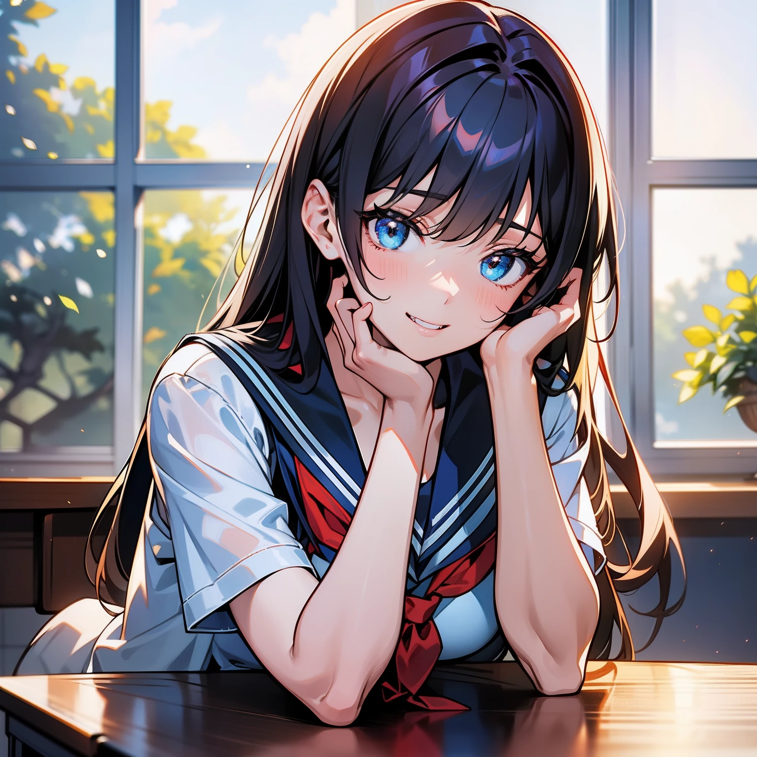 Blue-orange curls are curved inward，It belongs to long-haired，There is a strong sense of freshness and freshness,girl with,((serafuku)), hands on one's face, Elbows on the desk, Sit up, ‎Classroom, sunlights, window, see the beholder, Toothy smile, I can see the cleavage:1.2, Best Quality,Ultra-detailed, High resolution, extremely details CG, Unity 8k壁纸, Official art, production art, novel illustration, by famous artist, Caustics, textile shading, super detailed skin, Perfect Anatomy, Detailed, Cinematic lighting, Dynamic lighting, Beautiful detailed eyes, (top-quality), (ultra-detailliert), (masuter piece), (hight resolution), (Original), Character Design, Game CG, Detailed Manga Illustration, Realistic head-to-body size ratio:1.2