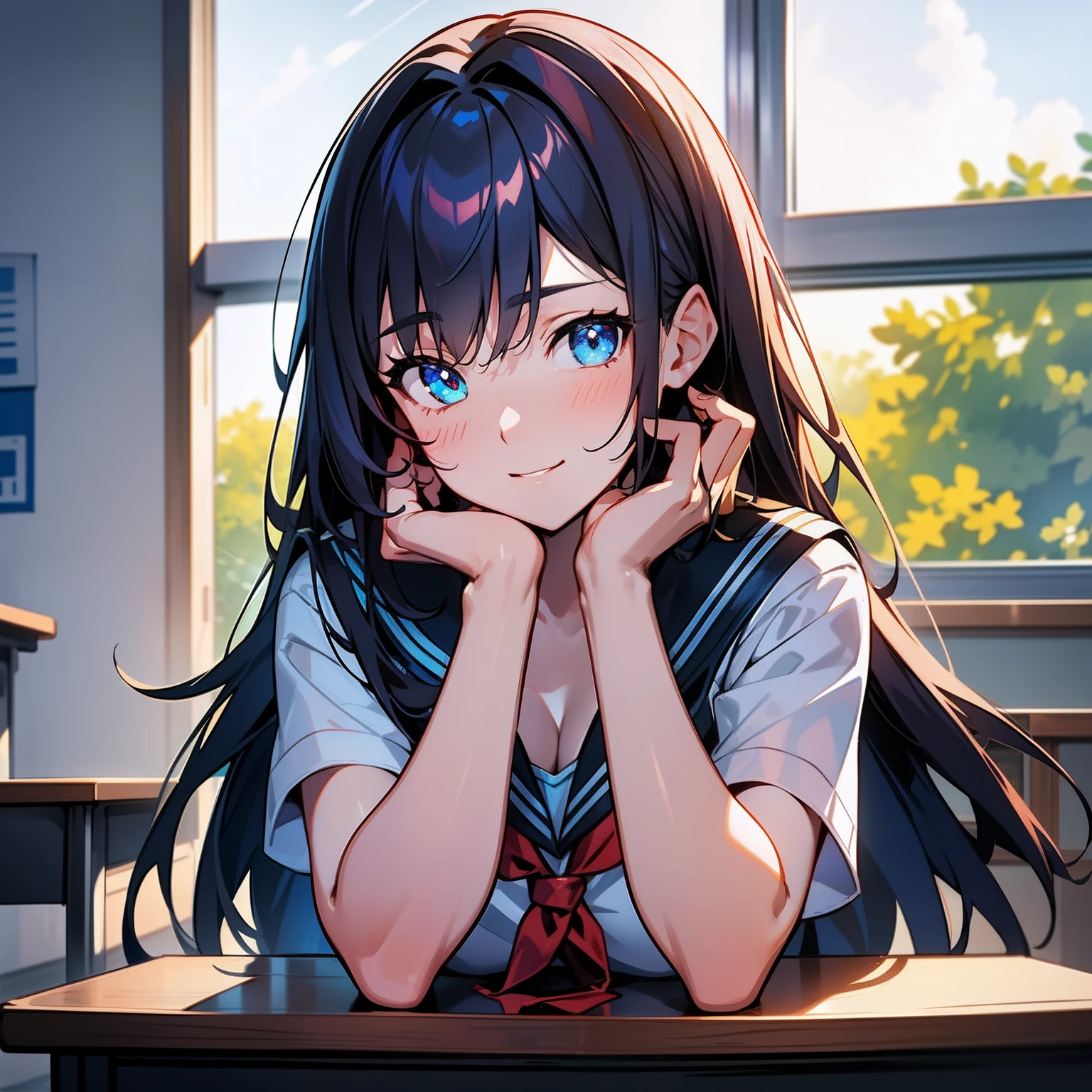 Blue-orange curls are curved inward，It belongs to long-haired，There is a strong sense of freshness and freshness,girl with,((serafuku)), hands on one's face, Elbows on the desk, Sit up, ‎Classroom, sunlights, window, see the beholder, Toothy smile, I can see the cleavage:1.2, Best Quality,Ultra-detailed, High resolution, extremely details CG, Unity 8k壁纸, Official art, production art, novel illustration, by famous artist, Caustics, textile shading, super detailed skin, Perfect Anatomy, Detailed, Cinematic lighting, Dynamic lighting, Beautiful detailed eyes, (top-quality), (ultra-detailliert), (masuter piece), (hight resolution), (Original), Character Design, Game CG, Detailed Manga Illustration, Realistic head-to-body size ratio:1.2