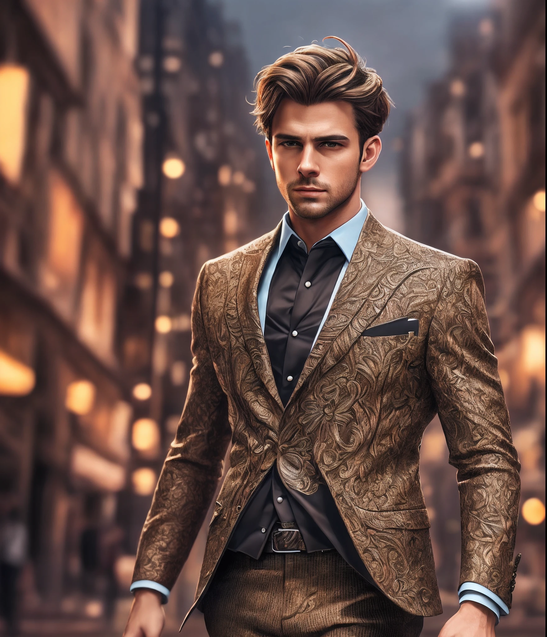 Man, black suit, light brown hair, brown eyes, dramatic lighting, intricate details, redshift rendering, highly detailed, hyper realistic, hyper realistic, handsome and attractive, background city, 8k --auto --s2