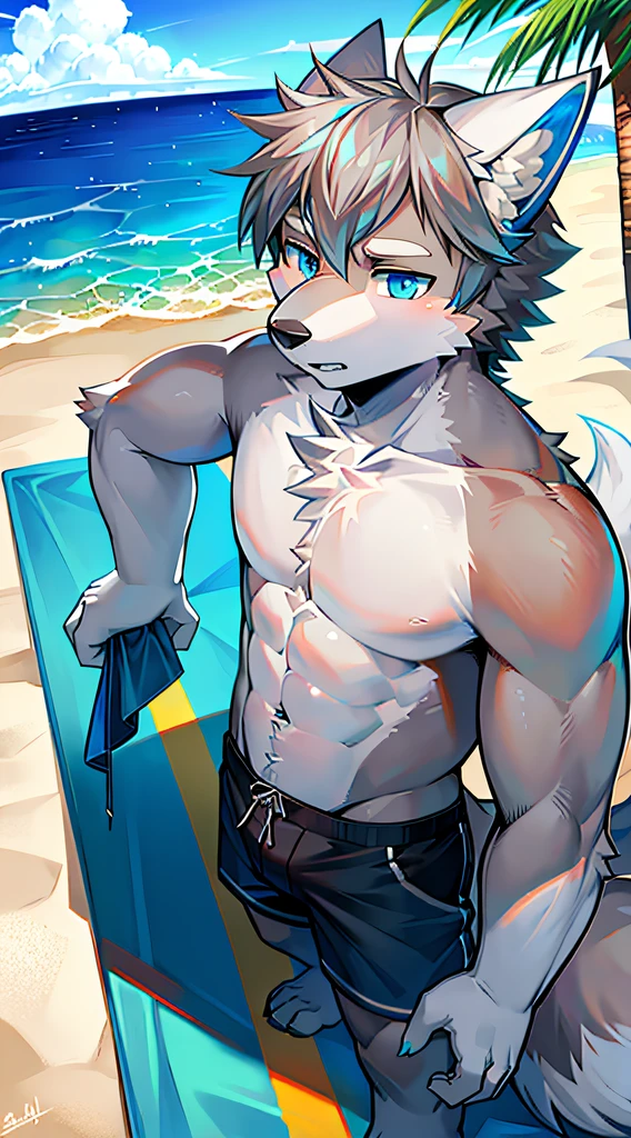 wolf o'donnell, solo, nude, embarrassed nude male, covering crotch, covering crotch with both hands, beach,