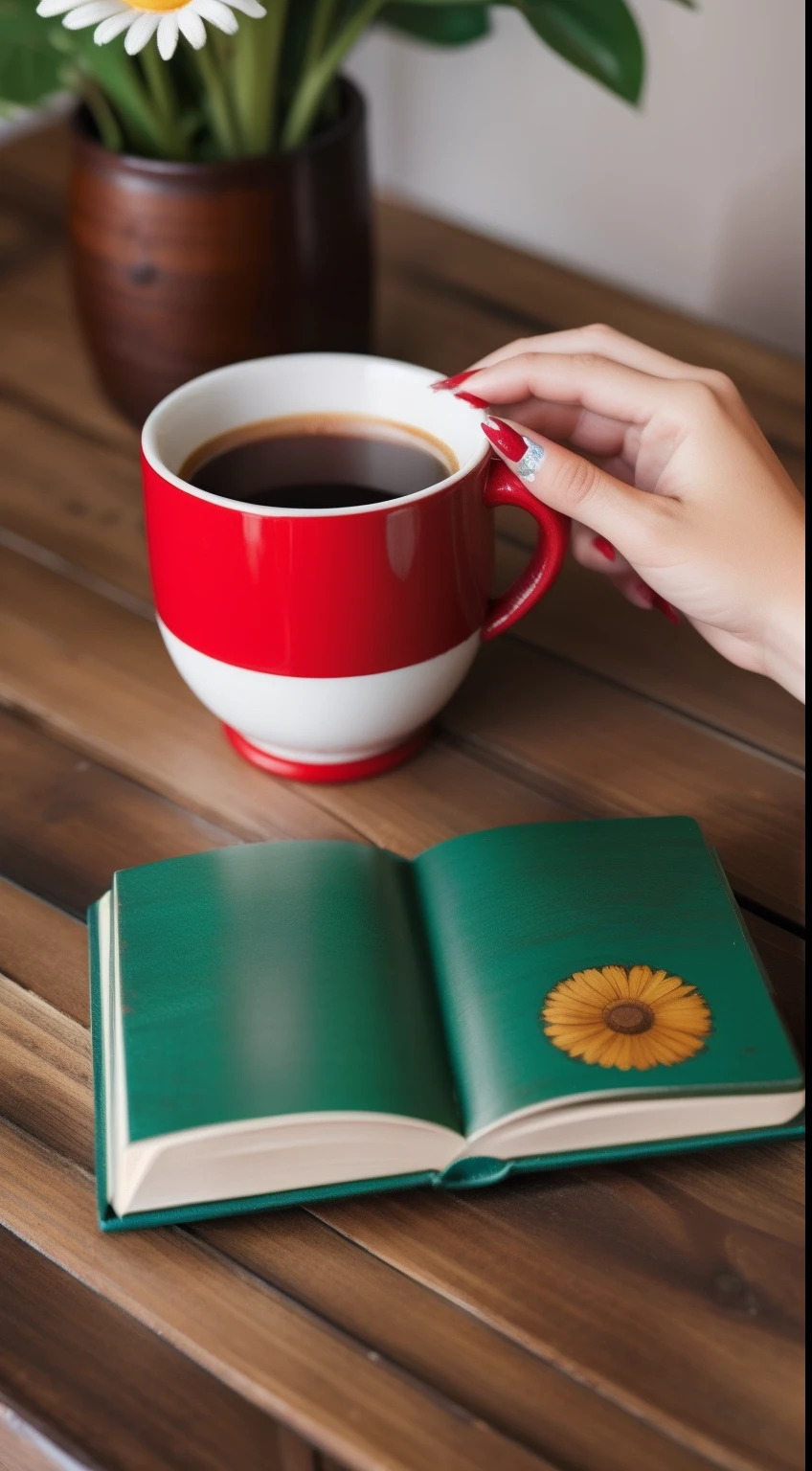 Foto olhando de cima para baixo, A wooden table with a cup of coffee and a book called Daisy Jones, female hand touching the book cover, nails painted in red, female hand, mood