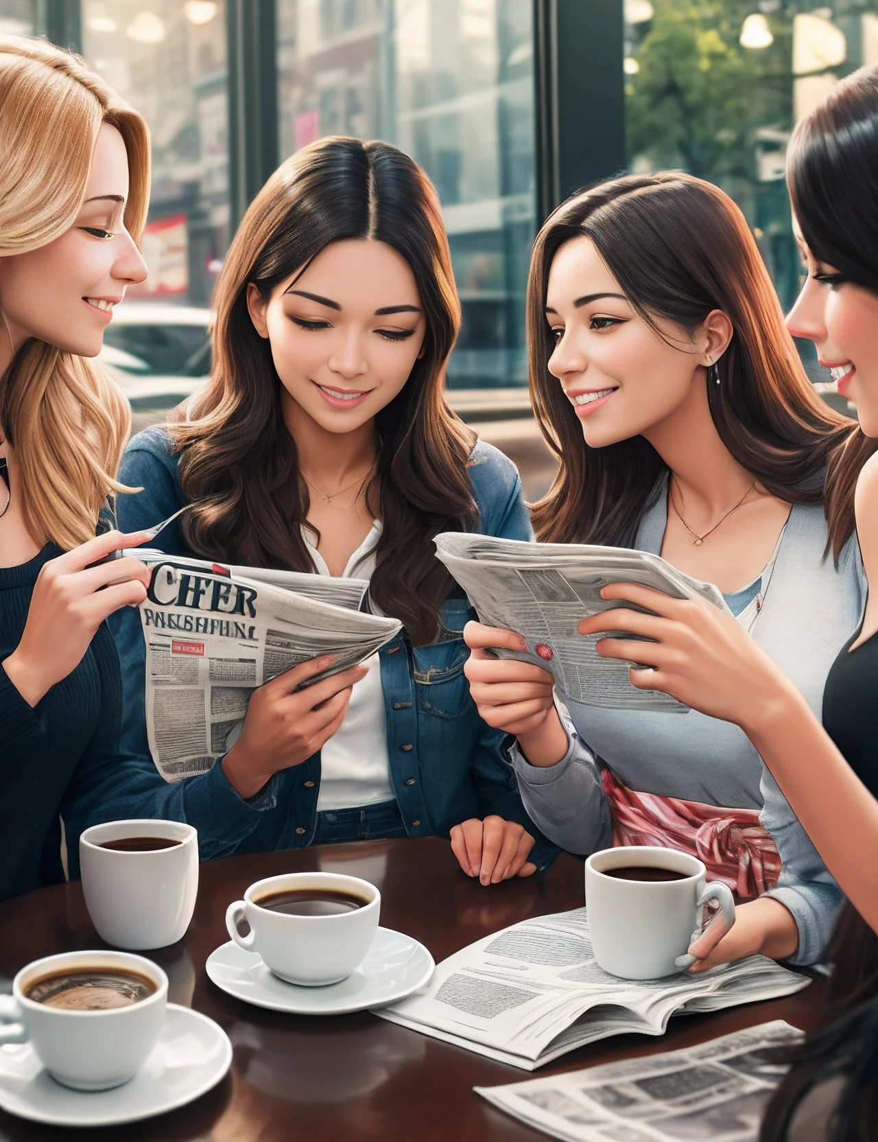 16k hyper-realistic image of six beautiful women drinking coffee in a coffee shop and enthusiastically reading newspapers in an intellectual scene in New York City. -auto --auto --s2