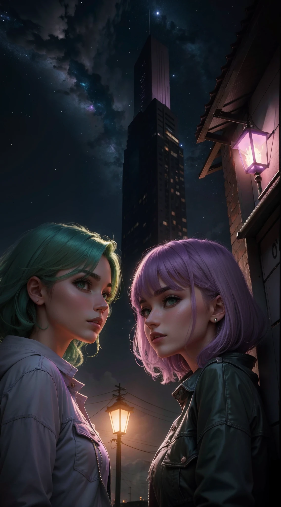melhor qualidade, realista. 2 mulheres, a girl with lilac hair/roxo. A outra garota tem cabelos verdes/verde. They are in the middle of a burning city, it is night time