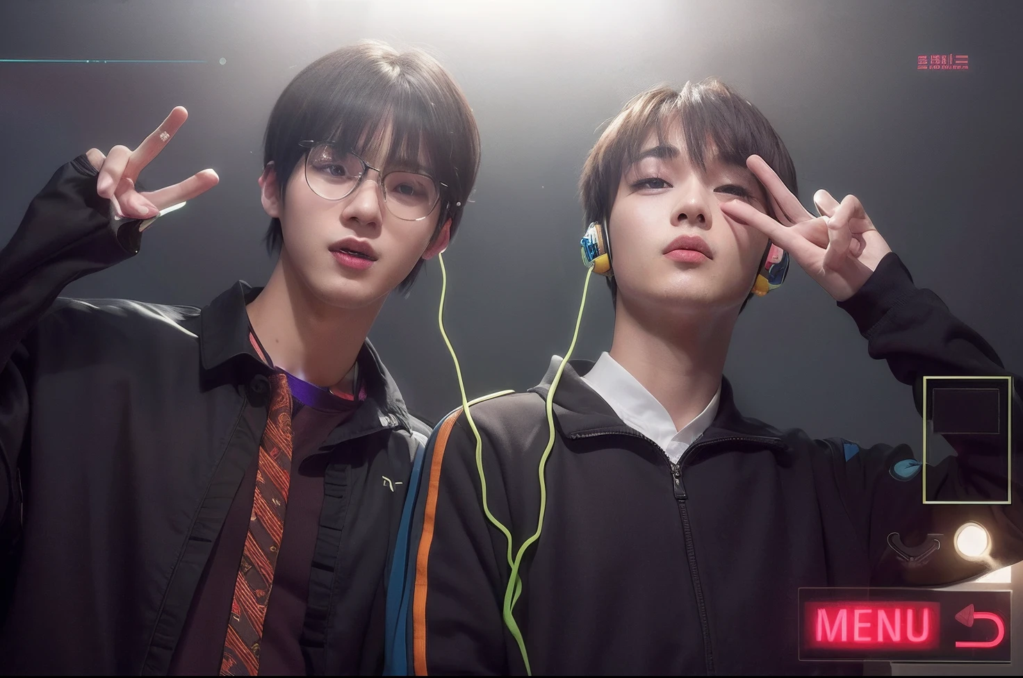 there are two young men standing next to each other with headphones on, smooth in _ the background, nixeu and sakimichan, jinyoung shin, twins, cute boys, kim doyoung, they are siblings, gunwoo kim and j.dickenson, sakimichan, sakimichan and frank franzzeta, jinyoung shin aesthetic