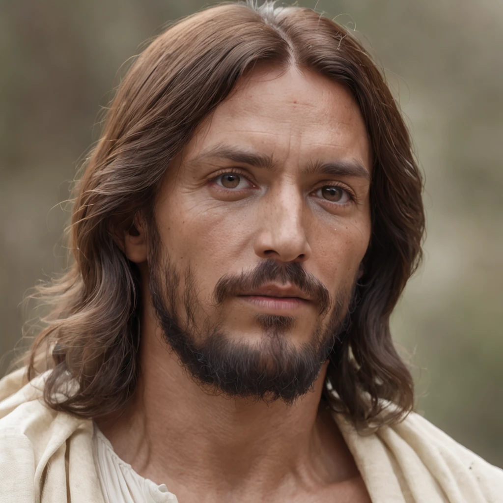Um lindo retrato realista ultrafino de Jesus , o profeta, um homem 33 anos Hebreu, longos cabelos castanho, longa barba castonho, wearing white tunic, em vista frontal, corpo inteiro, biblical, realista,no deserto detalhes intrincados, Por Abbott Fuller Graves, Bartolome Esteban Murillo, JC Leyendecker, Craig Mullins, Pedro Paulo Rubens, (Caravaggio), trending in artstation, 8k, arte conceitual, fotorrealista, Realistic, illustration, oil painting, Surrealismo, hiper-realista, escovas de escova, Arte Digital, Estilo, Aquarela, jesus cristo pregado na cruz, Jesus na Cruz, Epic scene Jesus crucified, Jesus crucified in Jerusalem
