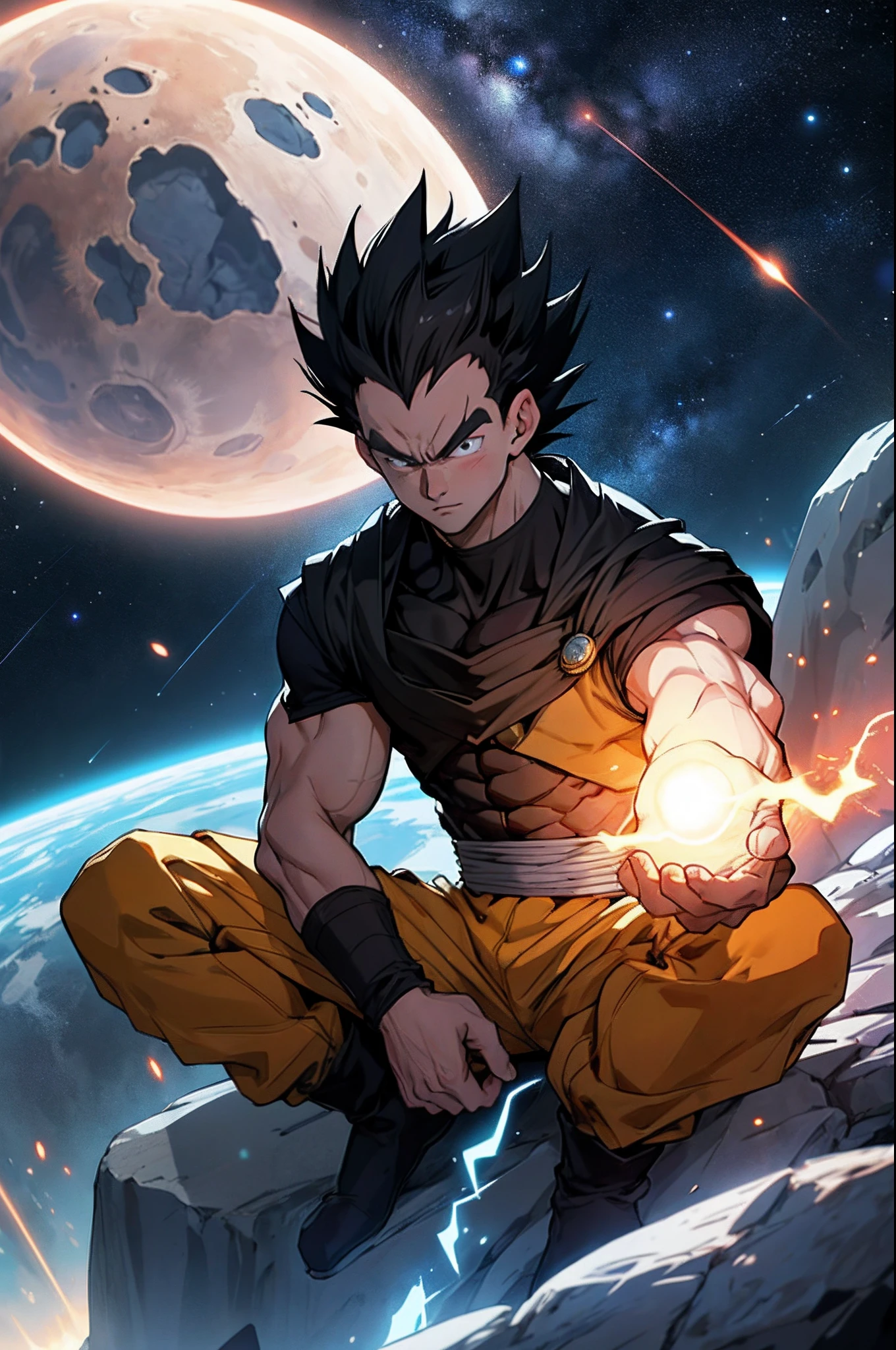Draw a young Vegeta sitting on a rock in the middle of an asteroid belt. He is wearing saiyan armor with a princely cape. He is forming a ball of energy in his hands, surrounded by several asteroids glowing with auras of fire. The dramatic illumination of distant stars and planets illuminates the scene, casting deep shadows on the costume. The young man seems confident and determined, looking at the vast and mysterious universe with admiration and respect.