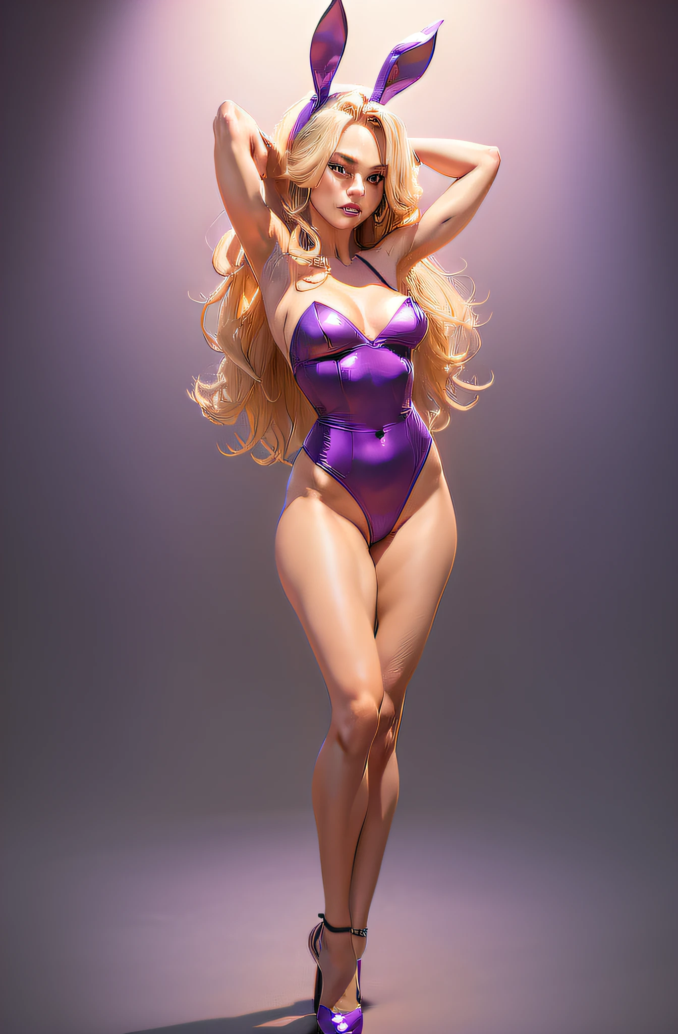 araffe dressed in a purple bunny suit posing for a picture, purple body, photorealistic perfect body, lola bunny fanart, pinup body, full body cgsociety, 3 d render character art 8 k, cgsociety masterpiece, photorealistic full body, wlop glossy skin, pinup pose, inspired by Greg Hildebrandt, hyperrealistic full figure