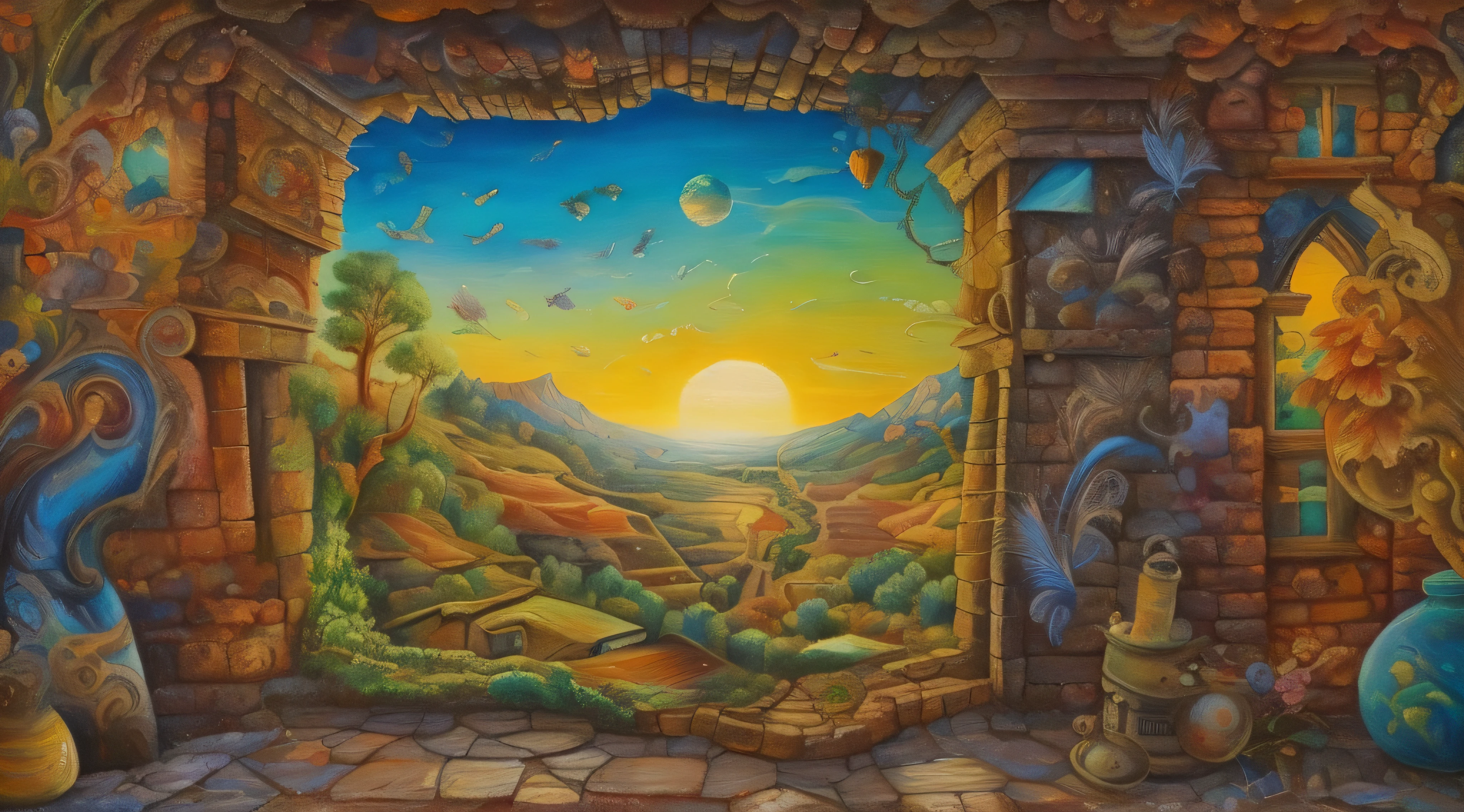 painting of a door overlooking a landscape and a sunset, Painting of a dreamlike landscape, Detailed dreamscape, estilo de tim branco, Directed by: Rob Alexander, rob mcnaughton, Directed by: Tomek Setowski, magic realism painting, pintura surrealista, epic surrealism 8k oil painting, Directed by: David B. Fosco, Alex Cinza, surreal oil painting