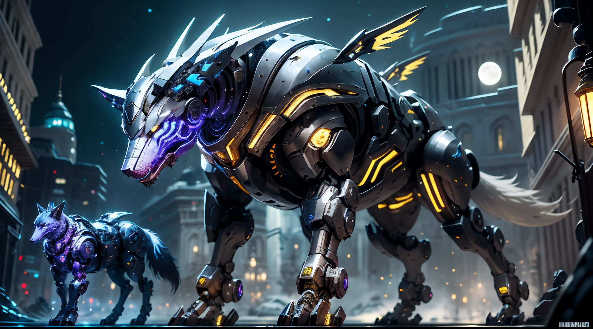 Cyborg wolf，Look up to show your teeth details，Moon，The lines of the silver-white mech are perfectly depicted，The four legs are depicted exquisitely，Load the weapon wing knife