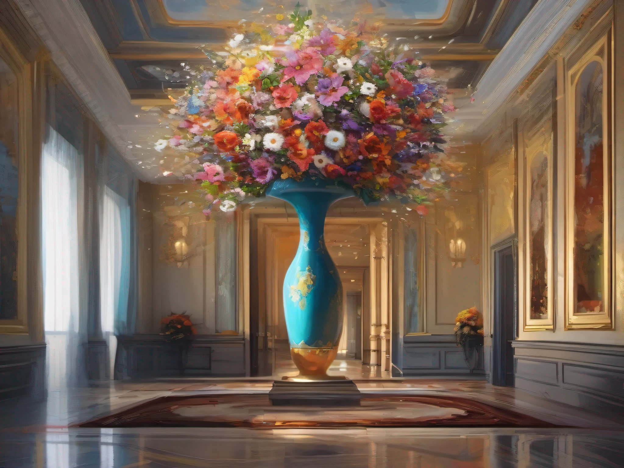 Illustration, micro flower explosion, Flower Vase: Micro Explosions & Sophisticated Architecture., Masterpiece, 16k UHD, acrylic painting, Palette knife, ((impasto)), by greg rutkowski salvadore dali, inception-the-movie-style, sophisticated architecture, arbotecture