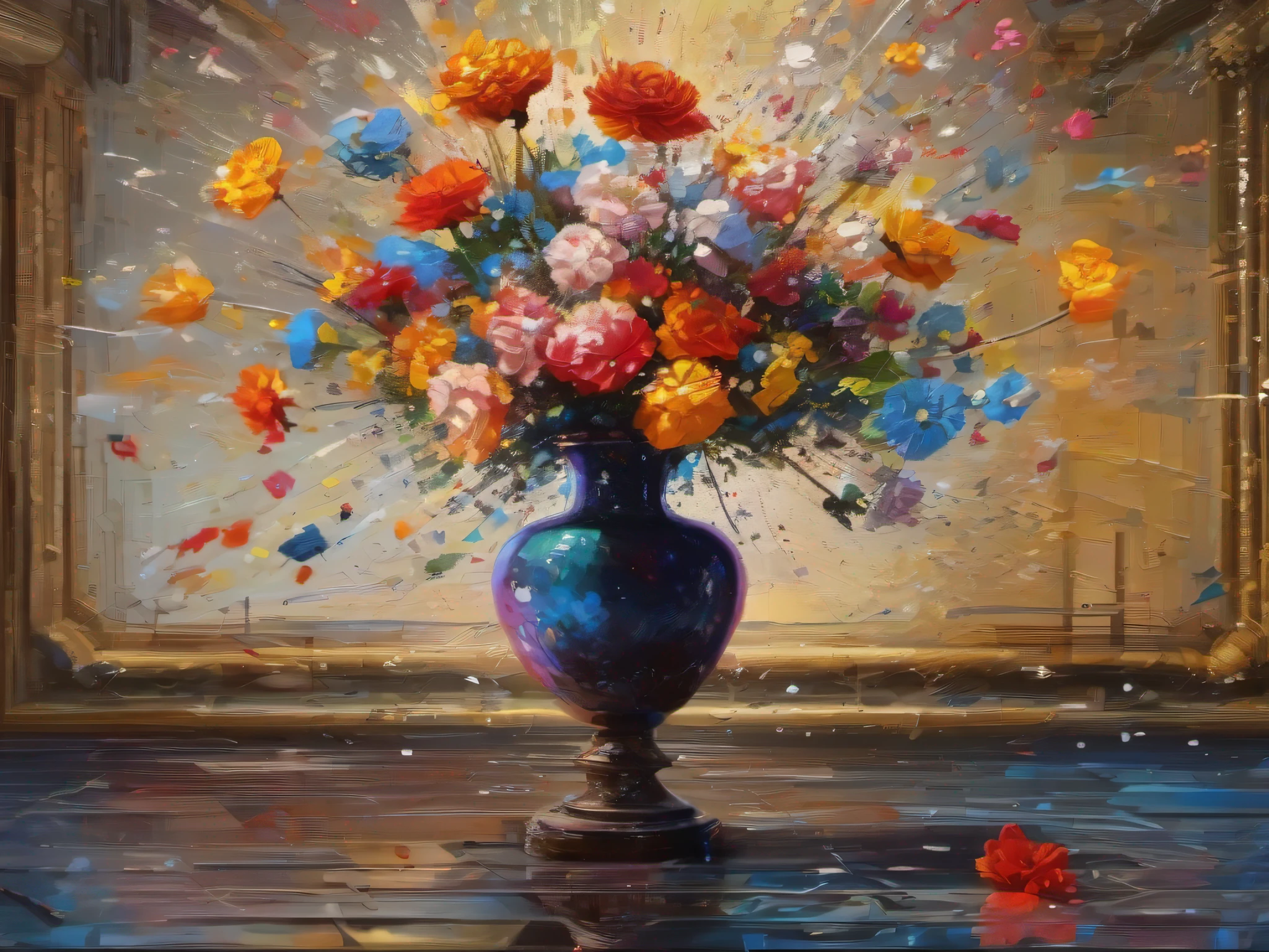 Illustration, micro flower explosion, Flower Vase: Micro Explosions & Sophisticated Architecture., Masterpiece, 16k UHD, acrylic painting, Palette knife, ((impasto)), by greg rutkowski salvadore dali, inception-the-movie-style, sophisticated architecture, arbotecture